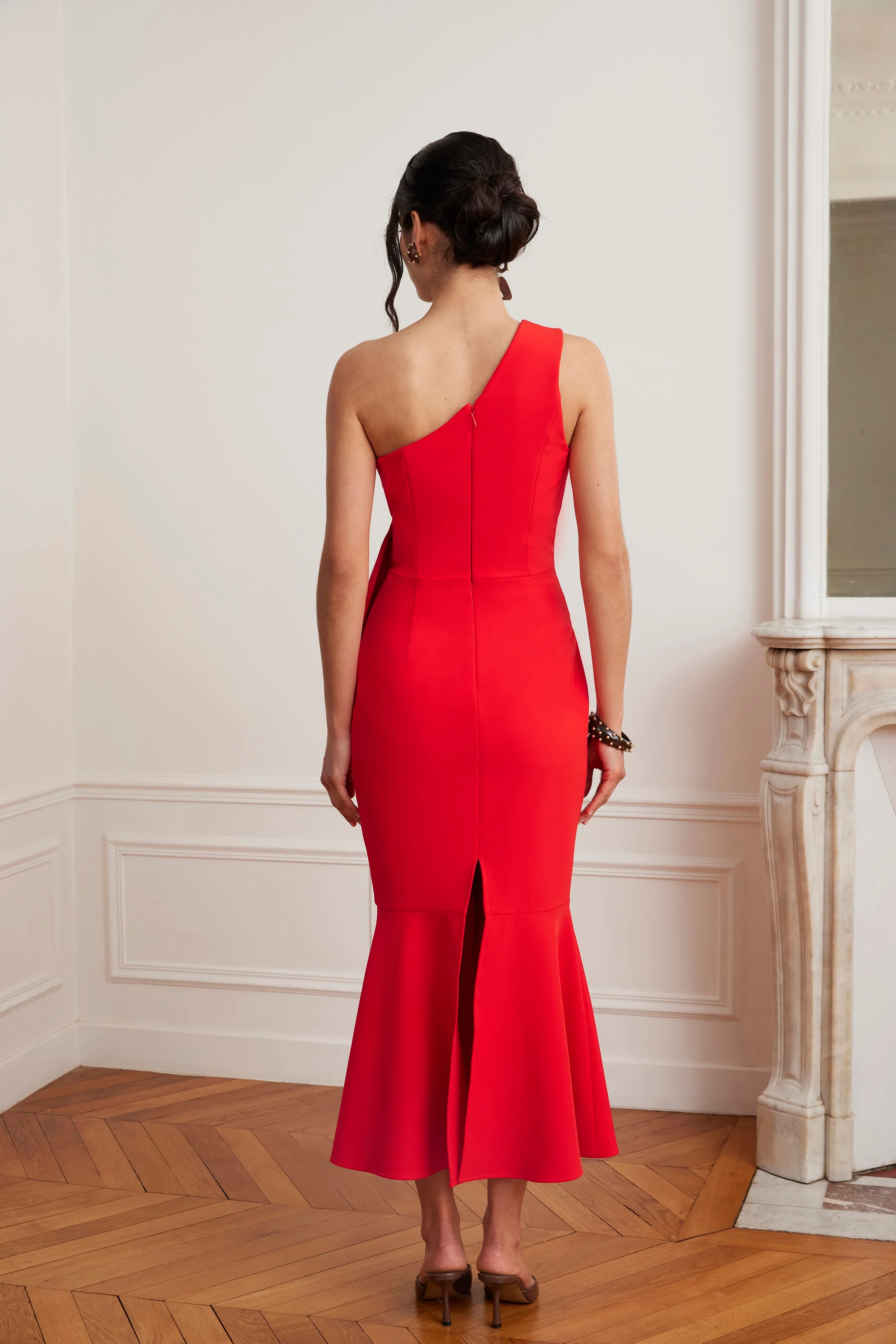 ADELAIDE One Shoulder Fluted Midi Hem Dress With Bow Detail In Red - Image 2