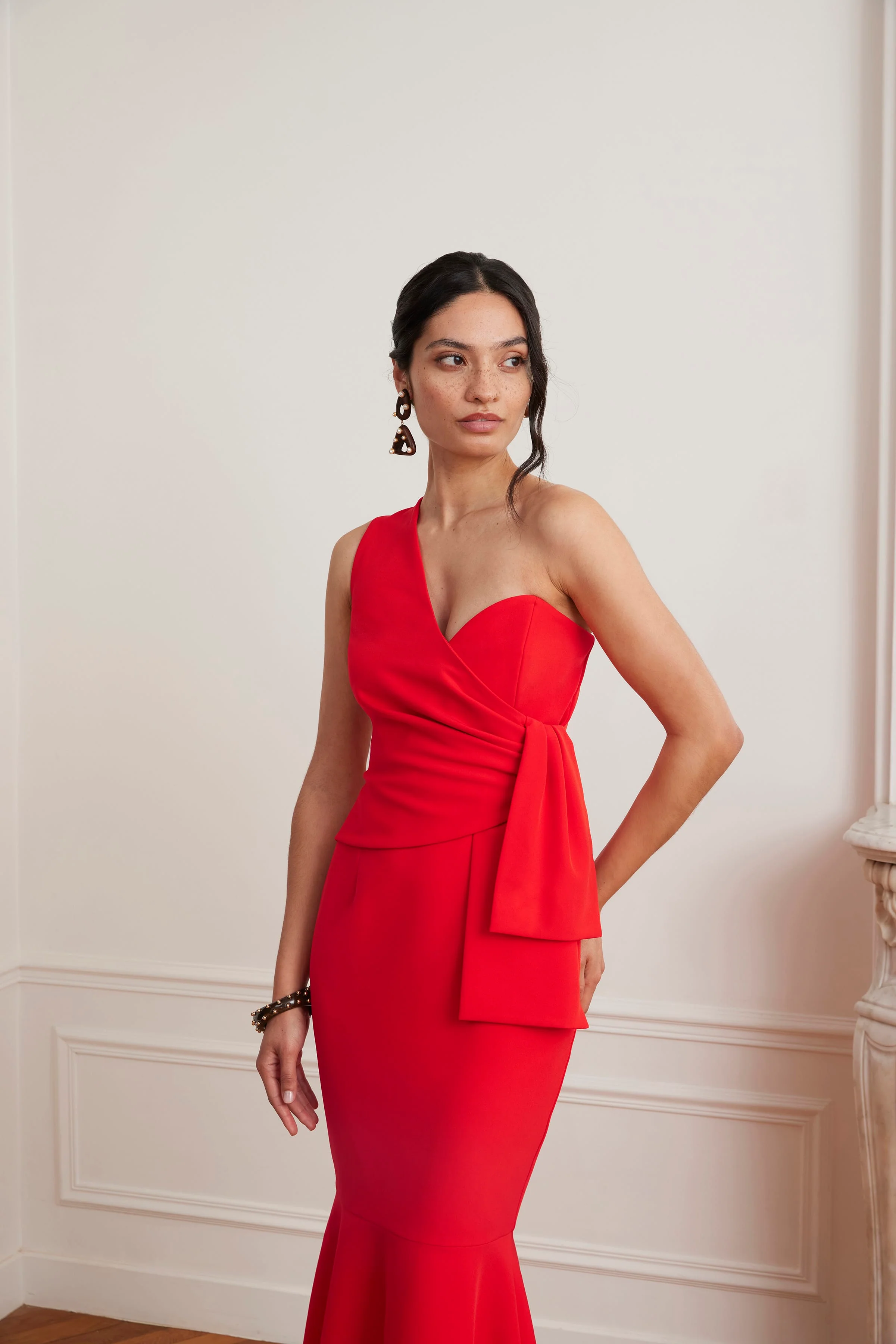 ADELAIDE One Shoulder Fluted Midi Hem Dress With Bow Detail In Red - Image 3