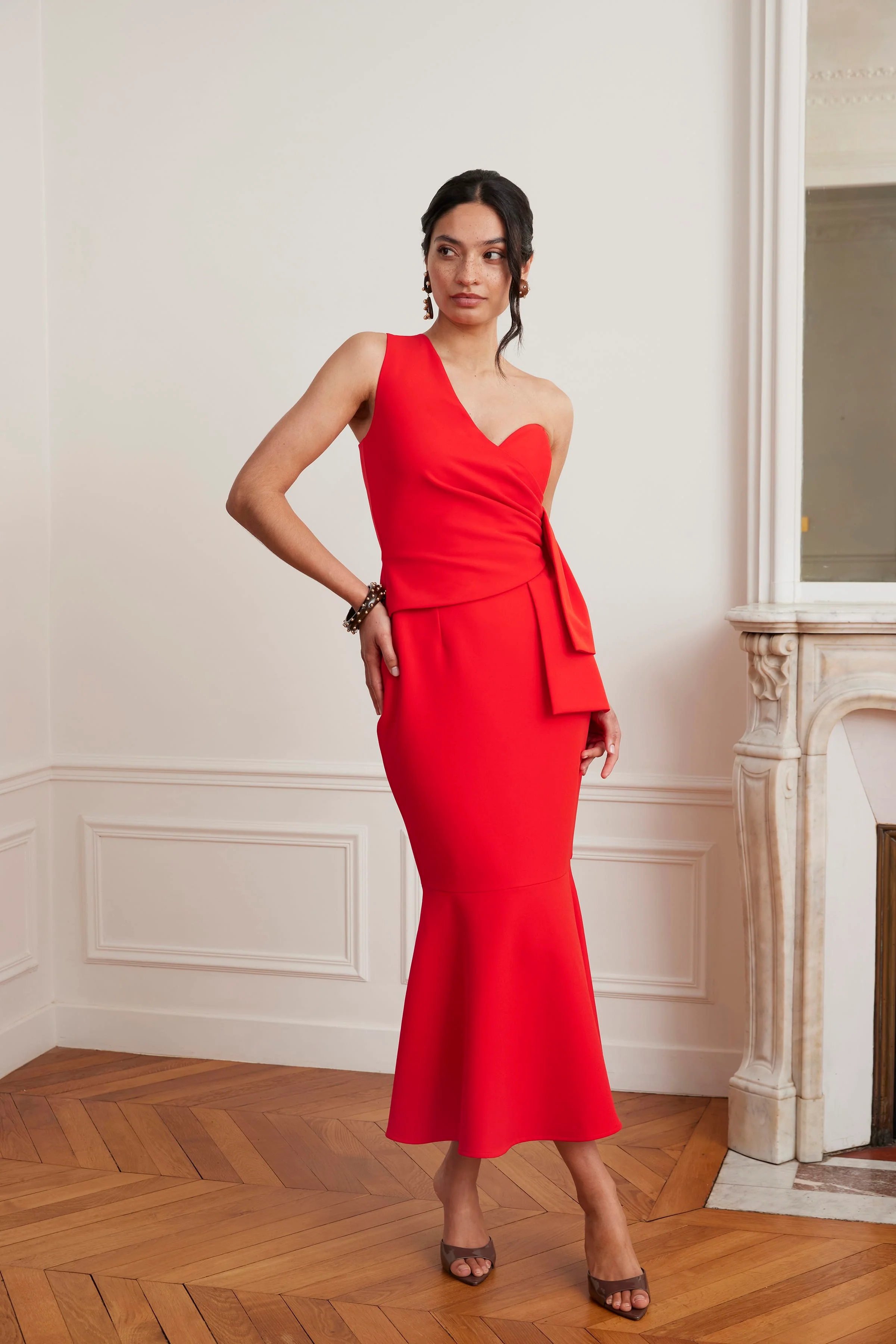 ADELAIDE One Shoulder Fluted Midi Hem Dress With Bow Detail In Red - Image 4