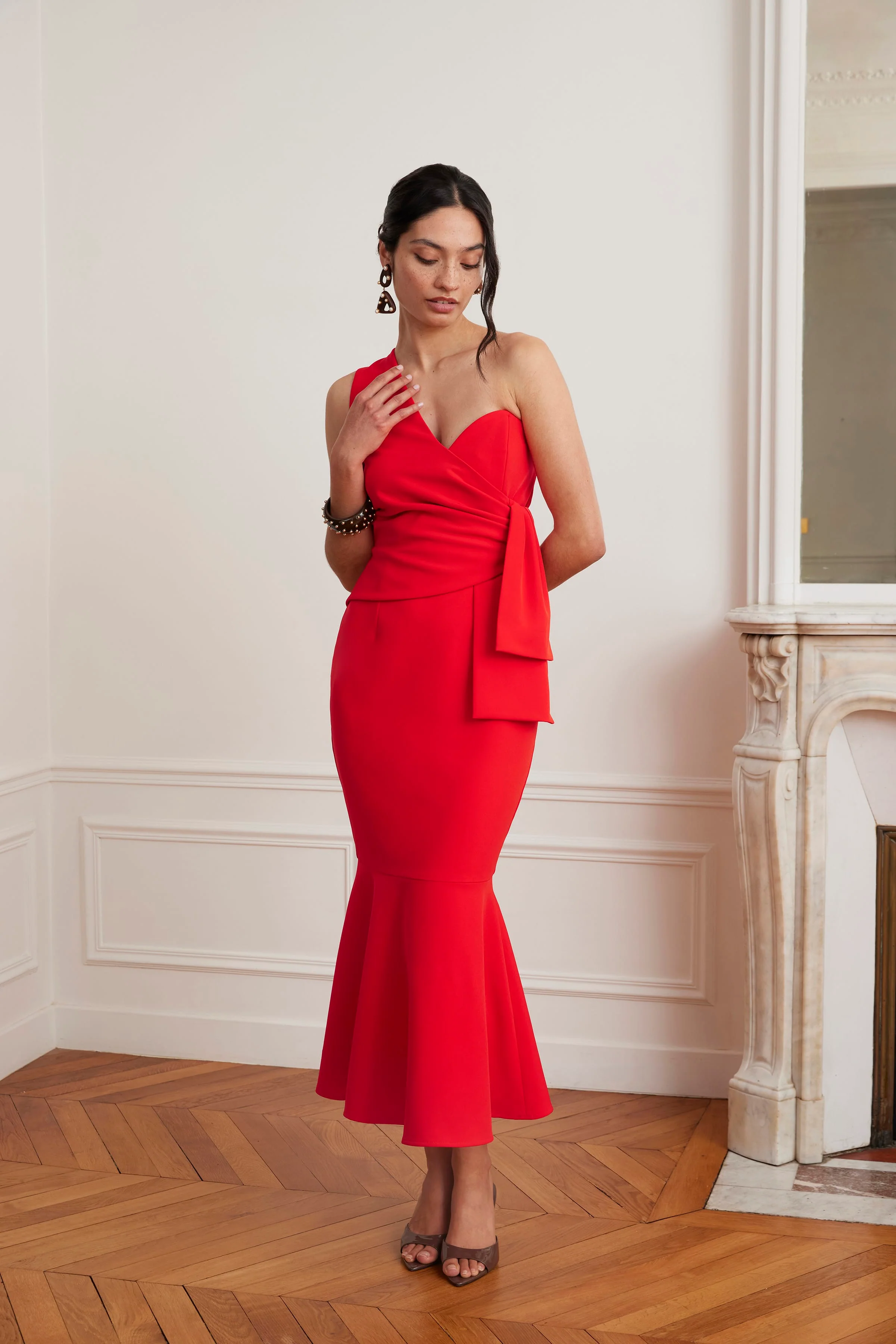 ADELAIDE One Shoulder Fluted Midi Hem Dress With Bow Detail In Red - Image 5
