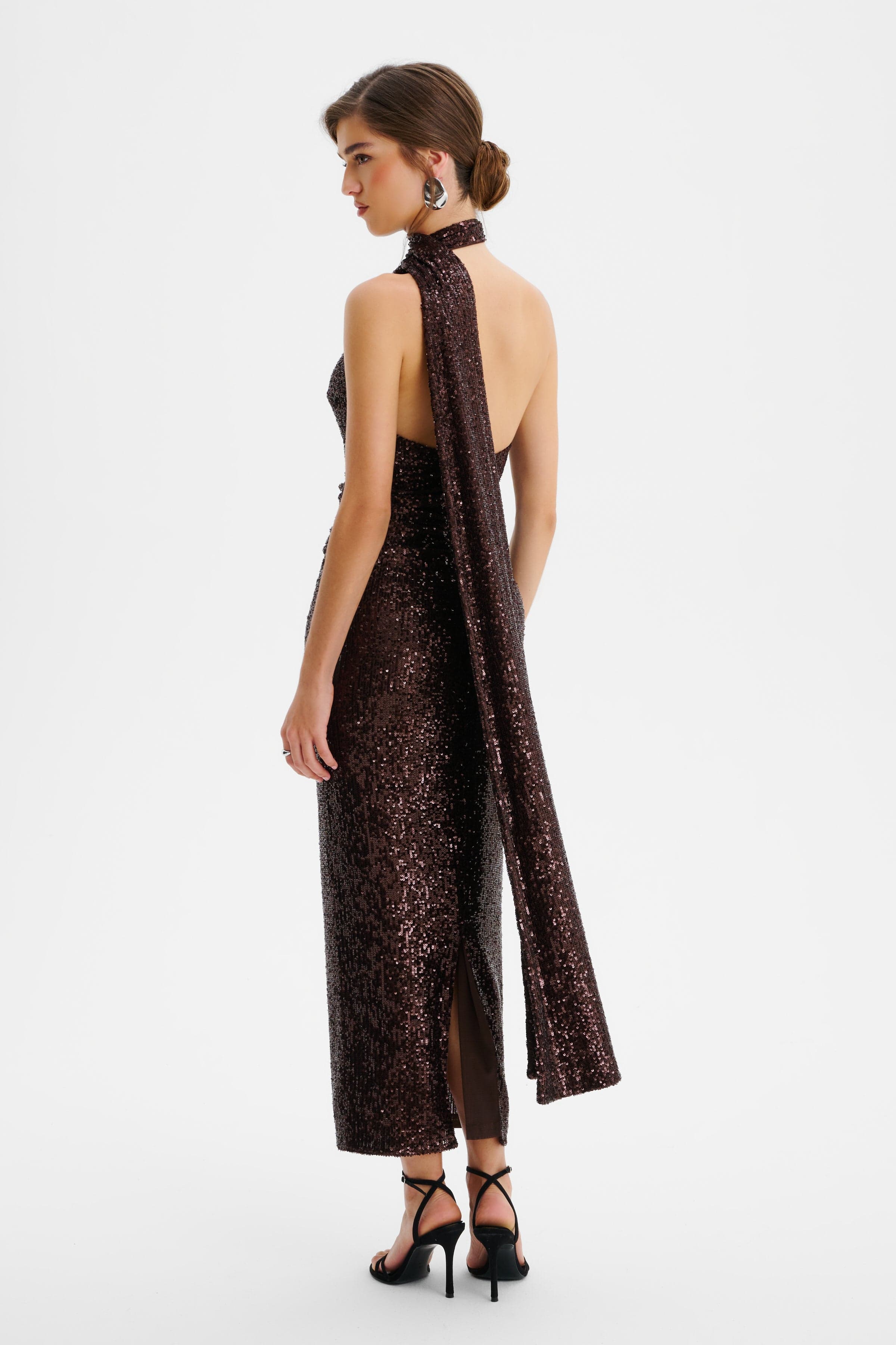ALANNI Stretch Sequin Scarf Detail Midi Dress In Chocolate - Image 4