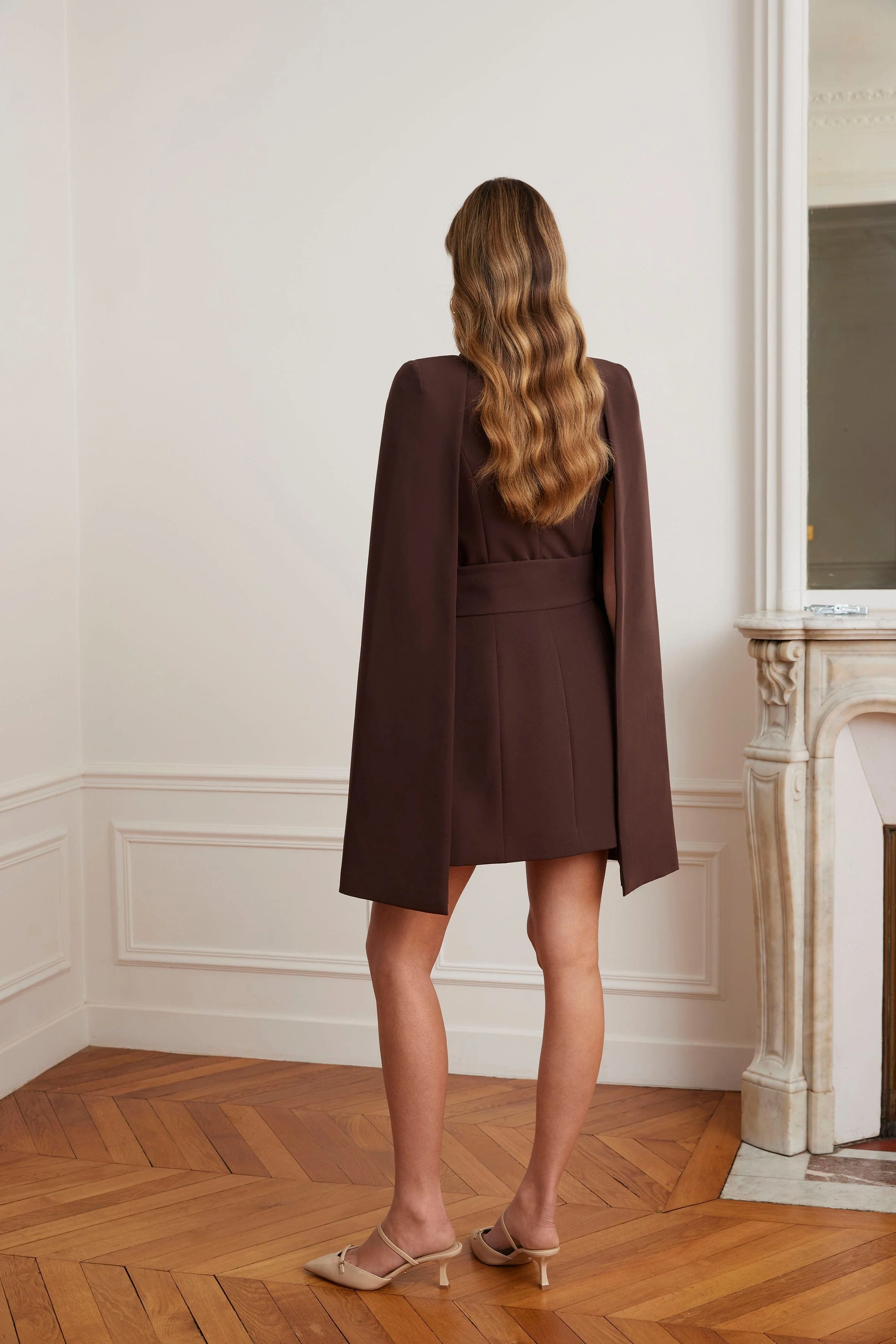 ALEXANDRA Cape Sleeve Self Wrap Mini Dress In Dark Brown - Image 3
