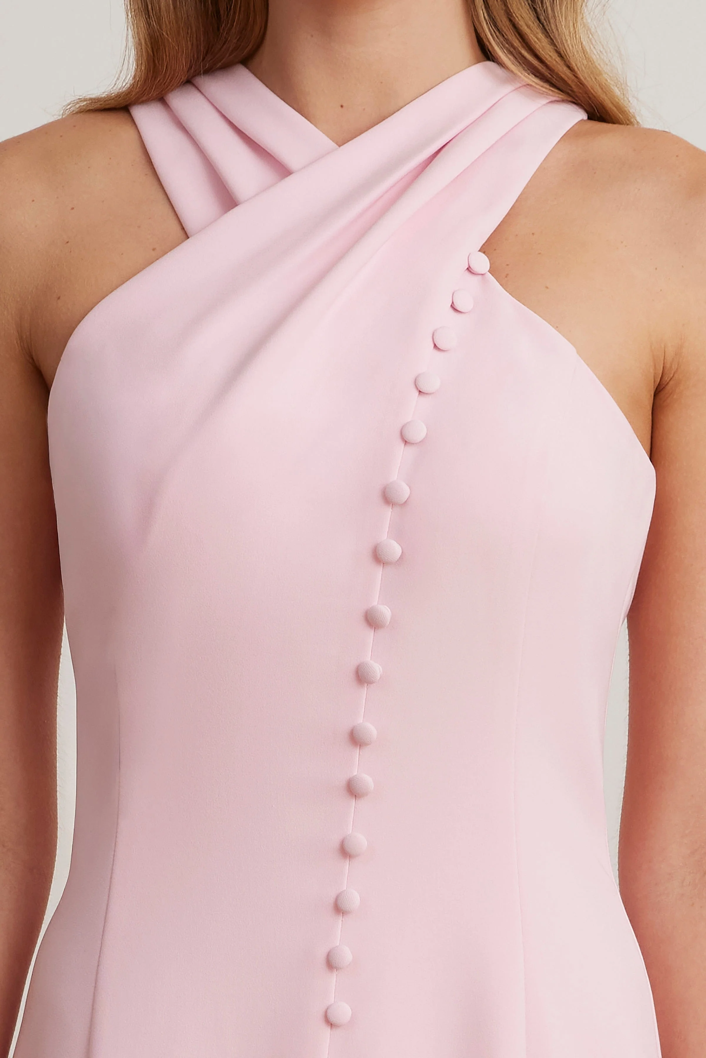 ALTHEA Cross Neck Button Through Fishtail Midi Dress In Pink - Image 2