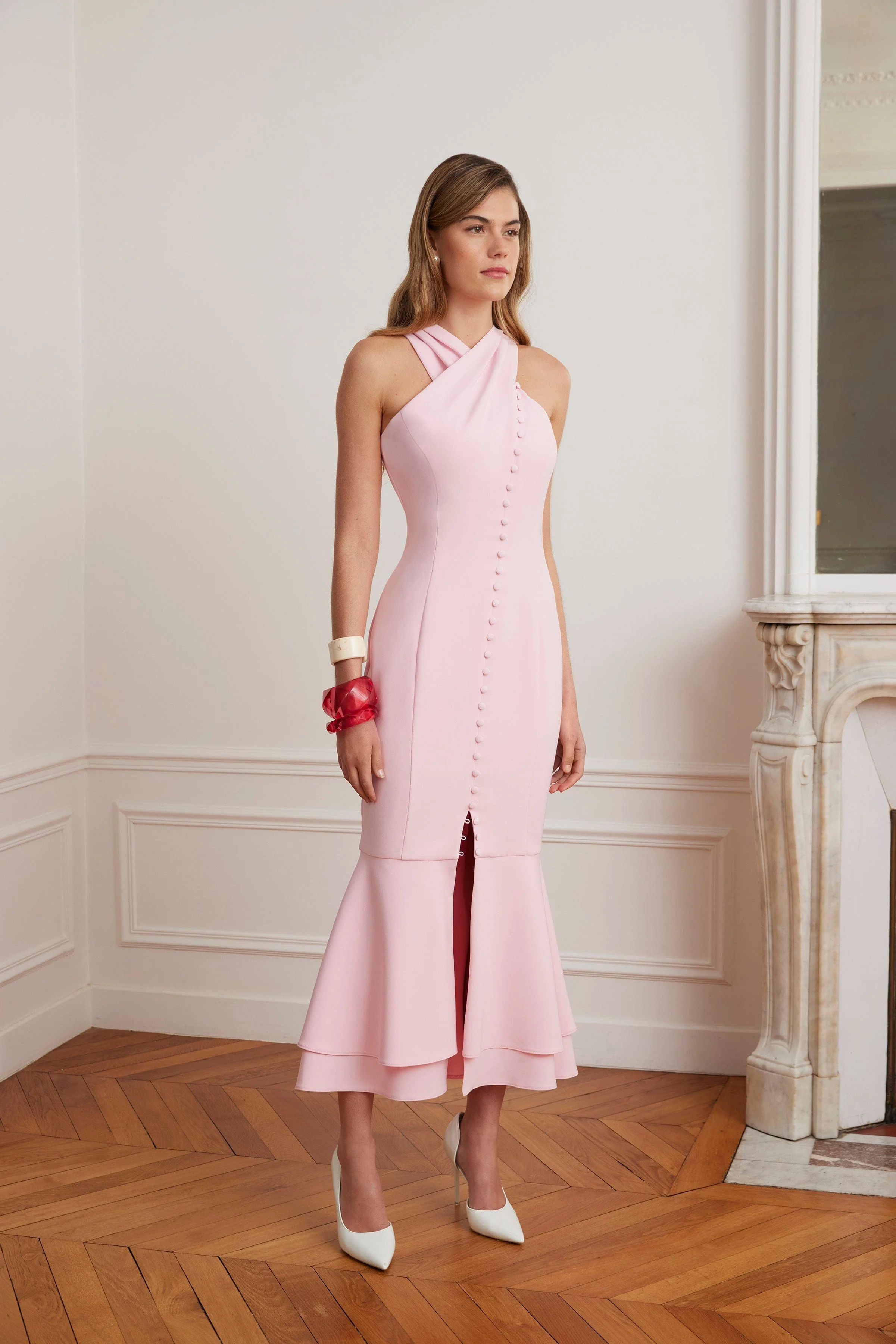 ALTHEA Cross Neck Button Through Fishtail Midi Dress In Pink - Image 3