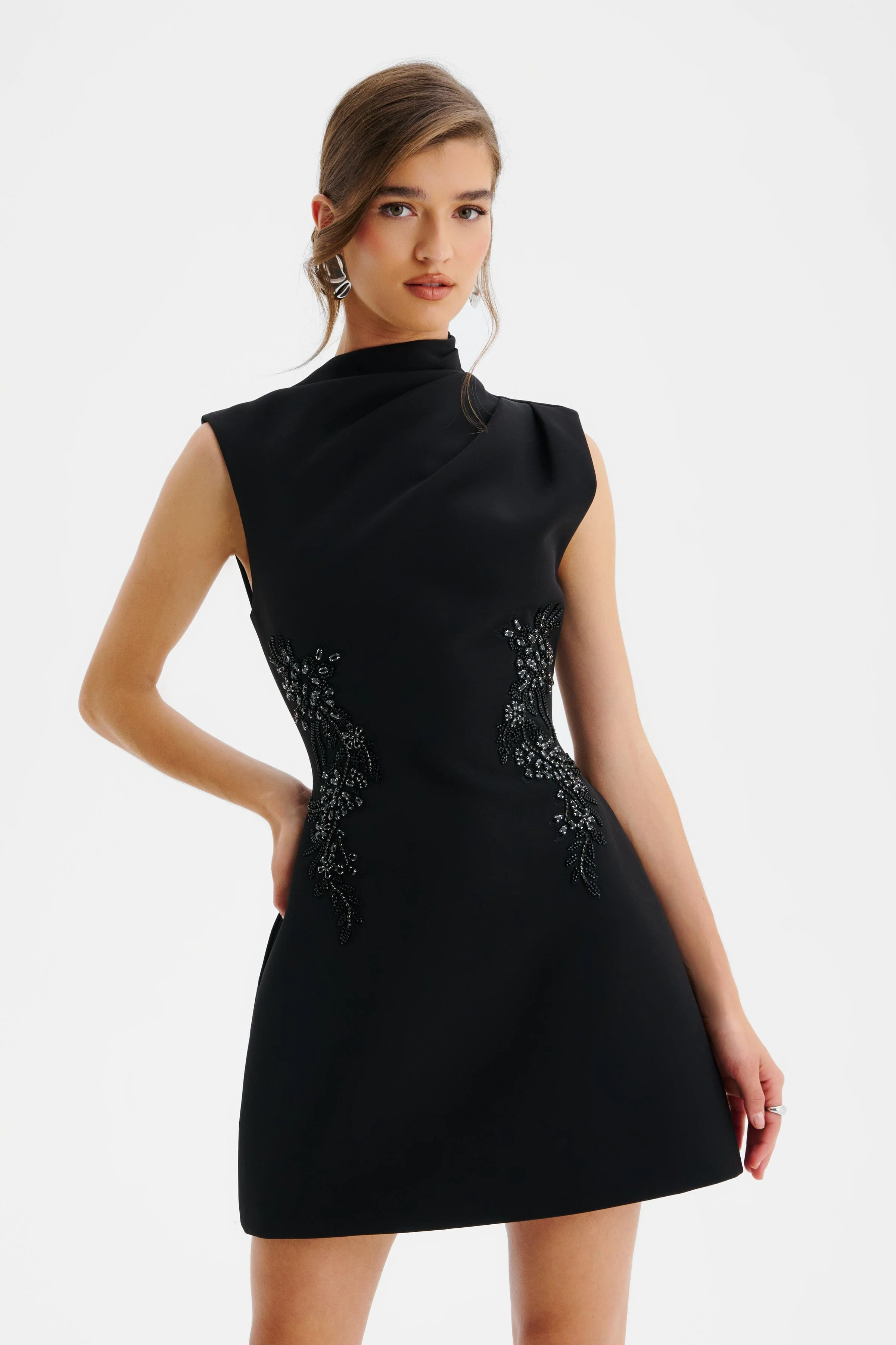 AMBAR Asymmetric High Neck Embellished Tulip Mini Dress in Black - Image 5