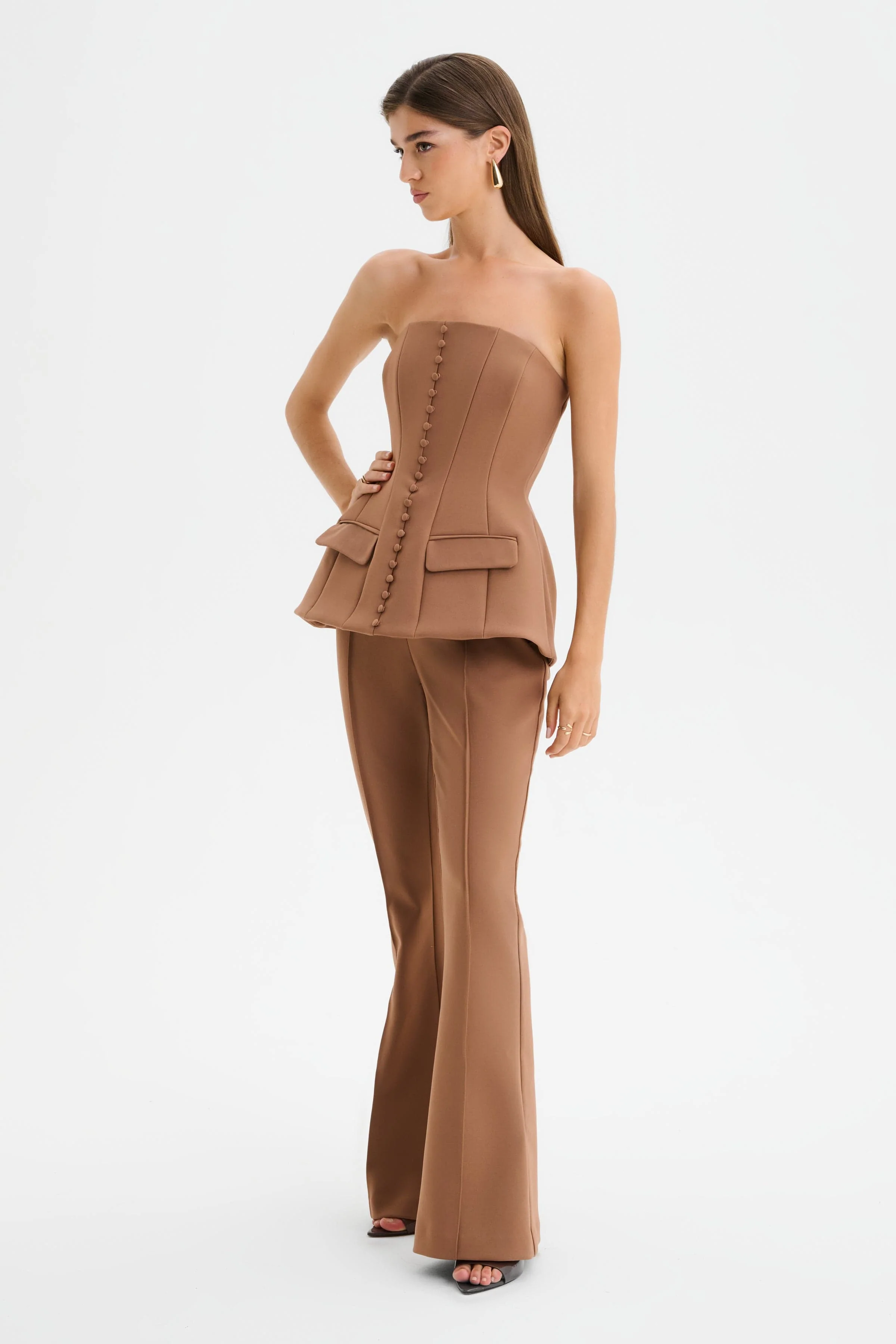 AMY Structured Strapless Jumpsuit in Brown - Image 3
