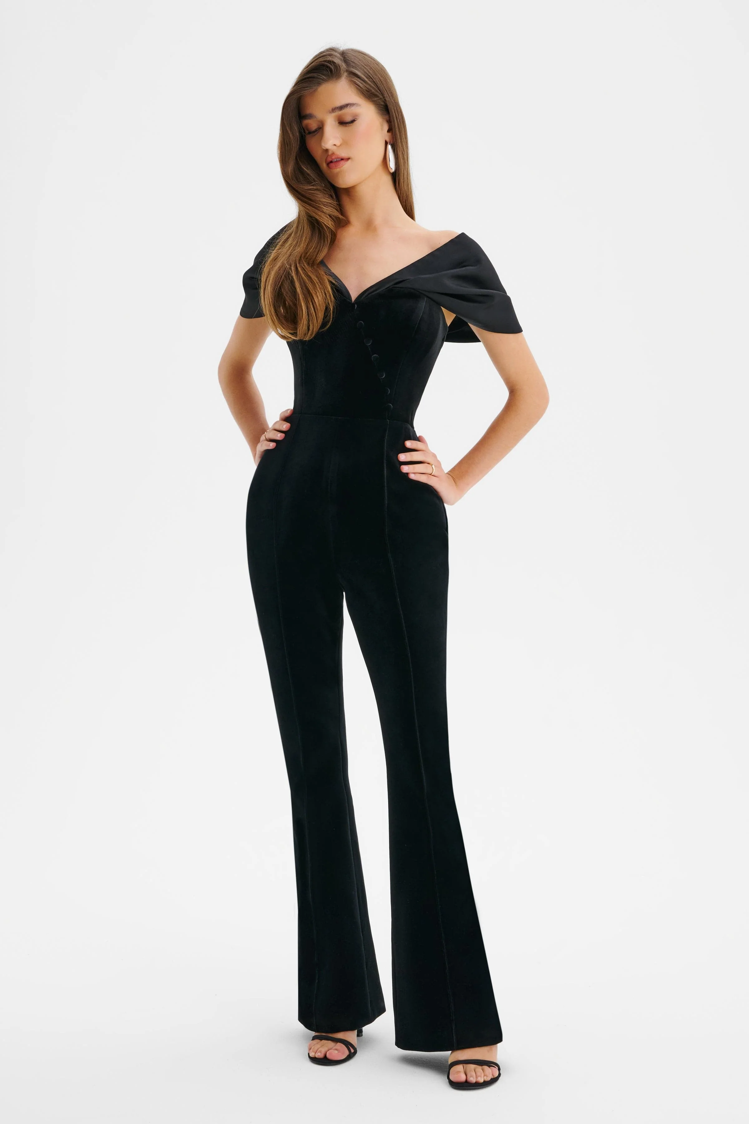ANTONIA Velvet Satin Mix Bardot Jumpsuit In Black - Image 3