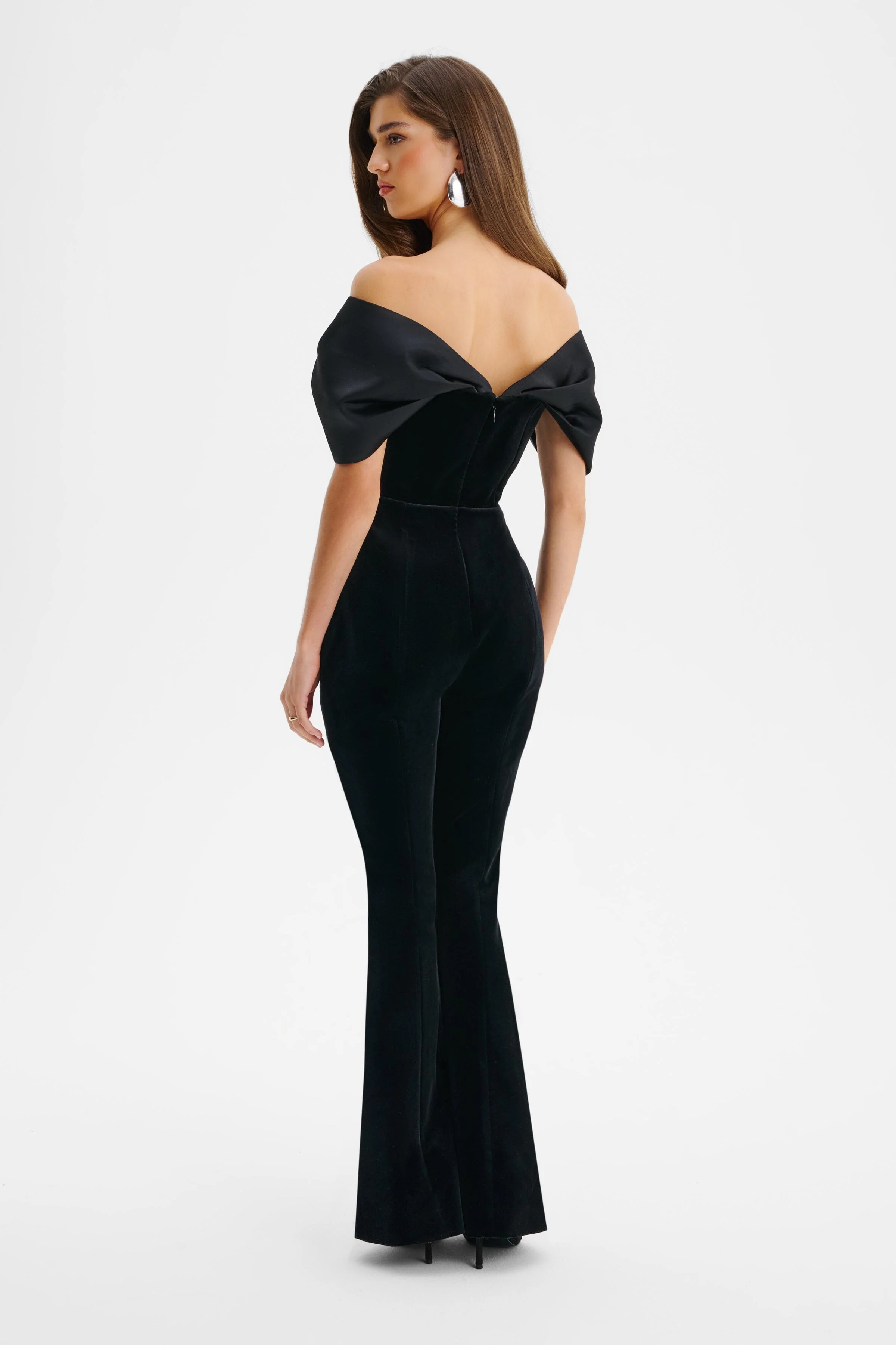 ANTONIA Velvet Satin Mix Bardot Jumpsuit In Black - Image 5