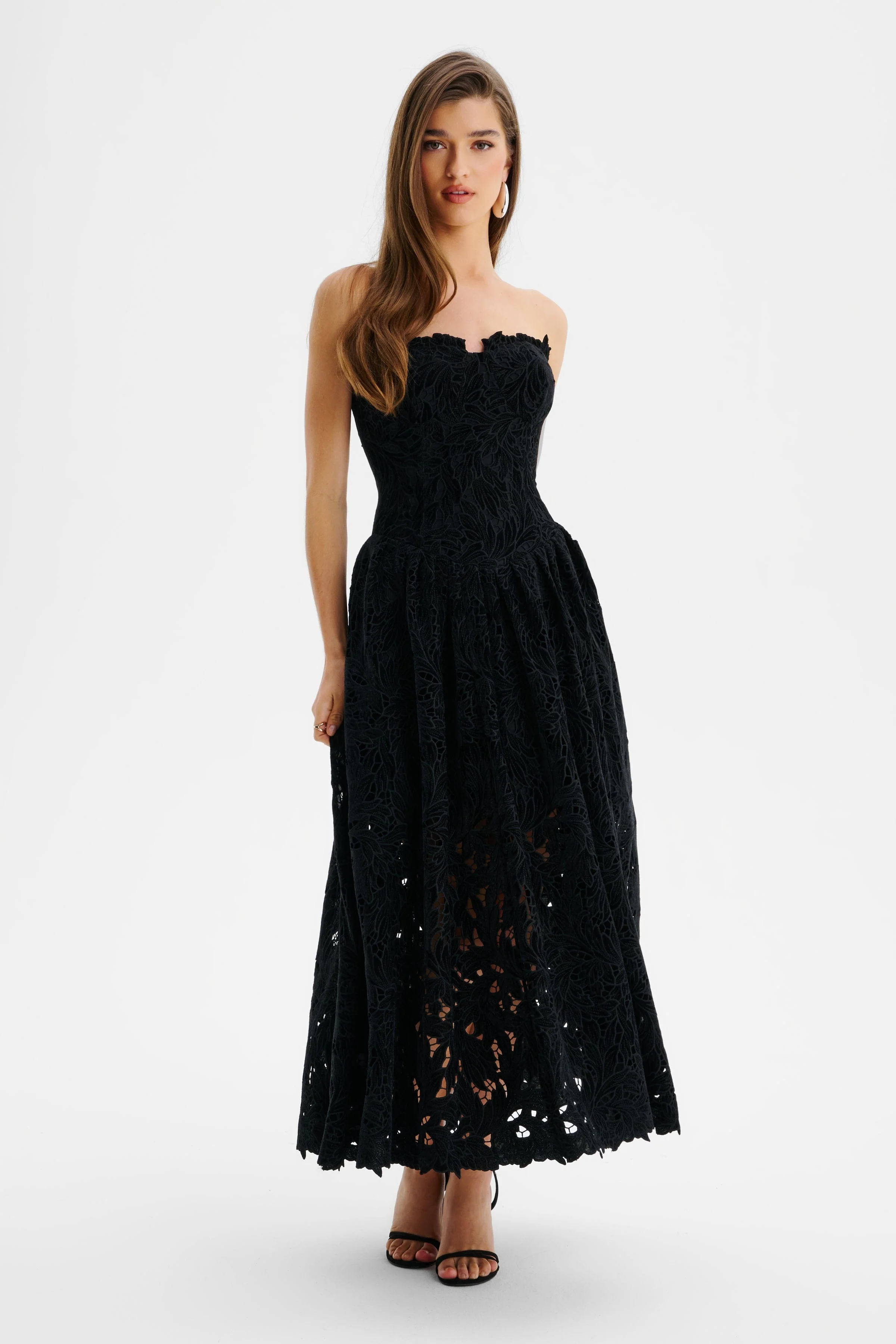ARABELLA Velvet Guipure Lace Strapless Midi Dress In Black - Image 2