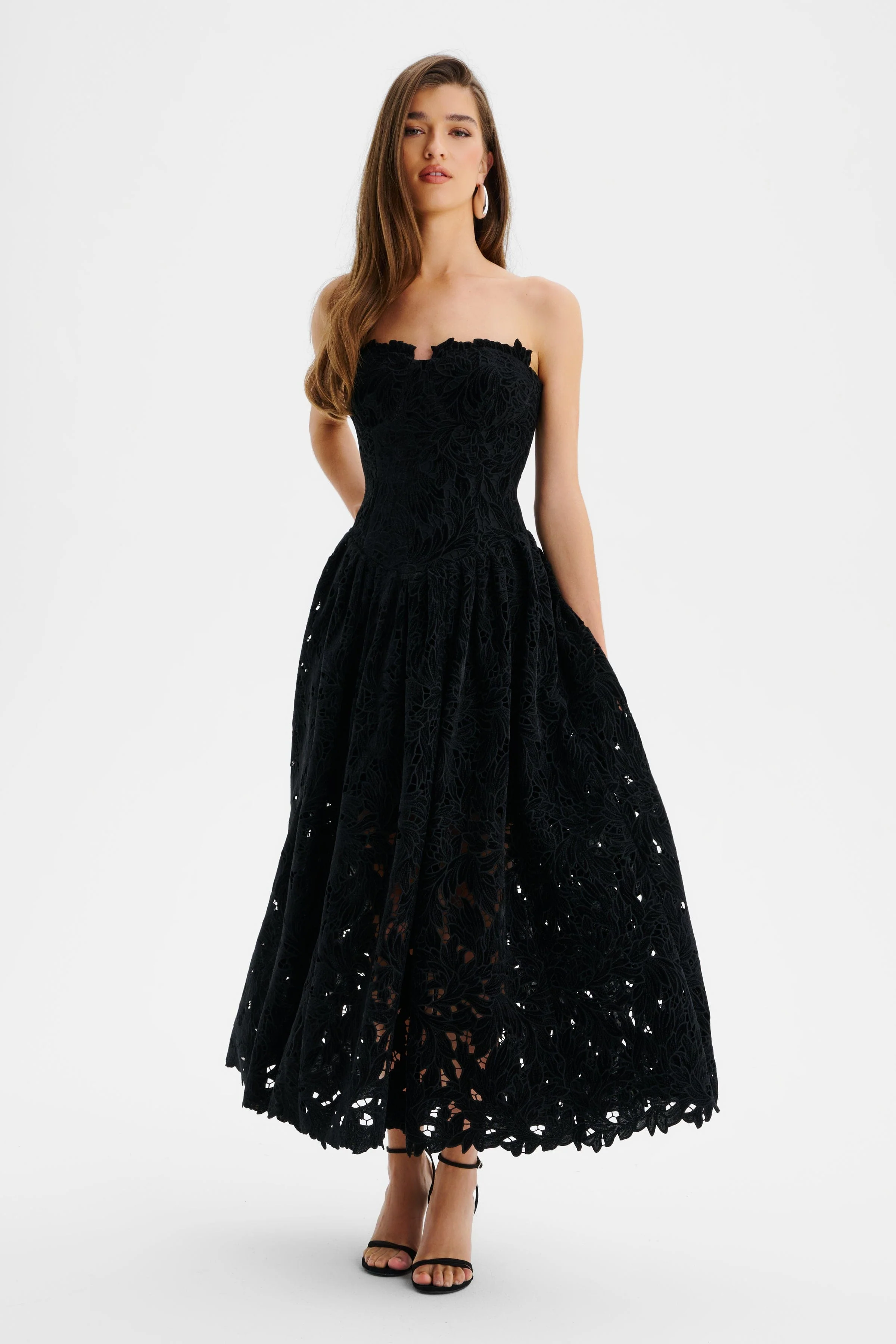 ARABELLA Velvet Guipure Lace Strapless Midi Dress In Black - Image 3