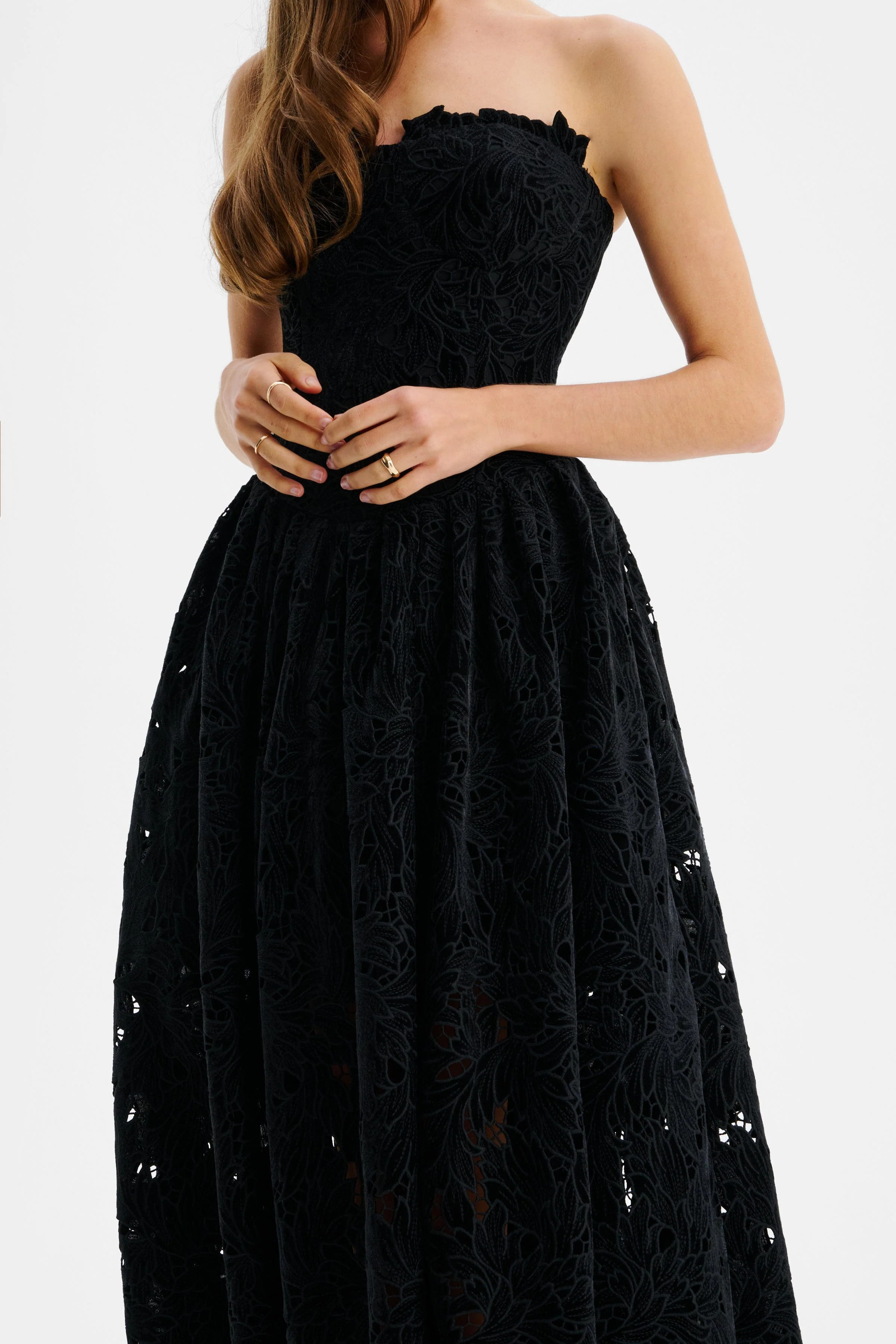 ARABELLA Velvet Guipure Lace Strapless Midi Dress In Black - Image 5