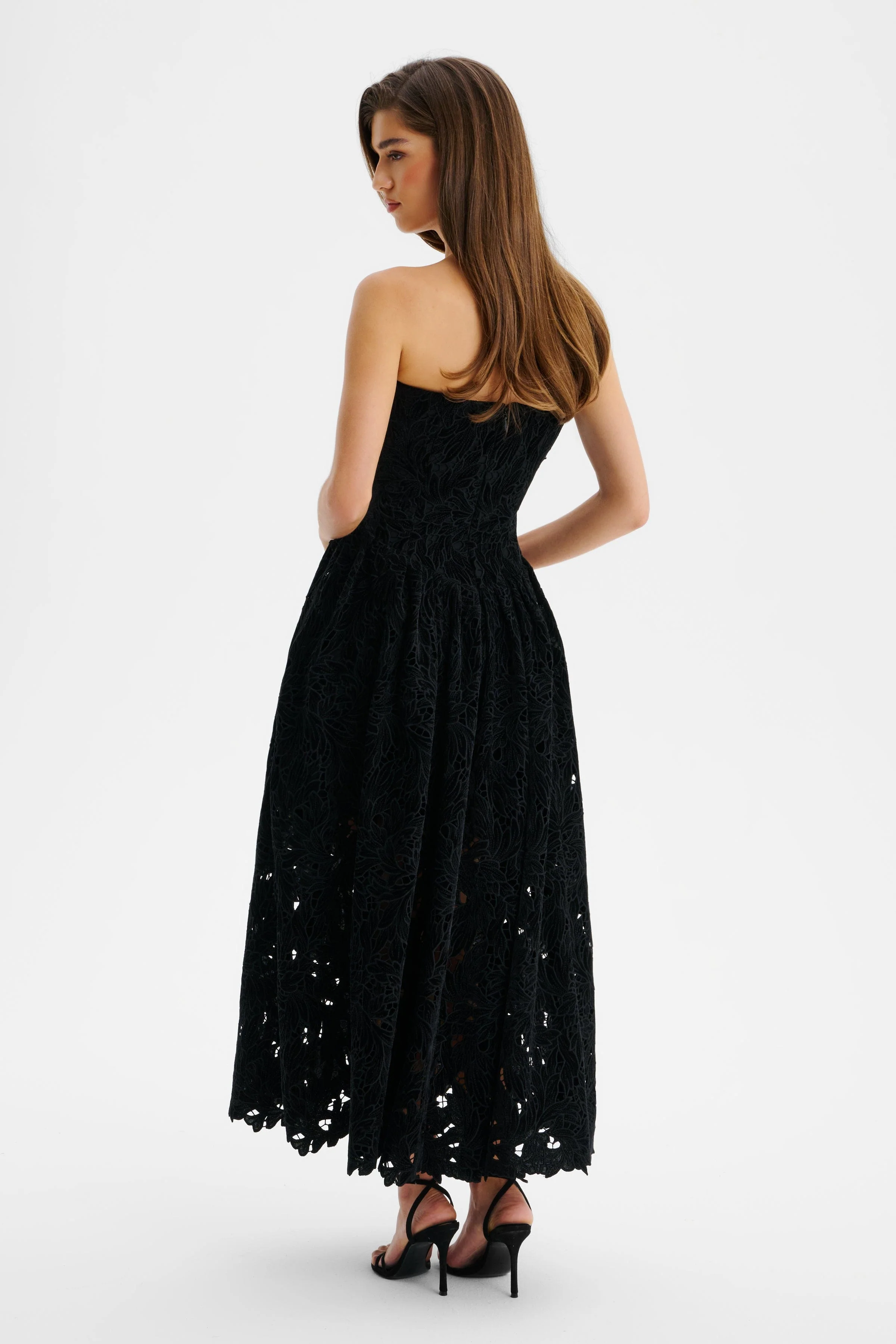 ARABELLA Velvet Guipure Lace Strapless Midi Dress In Black - Image 7