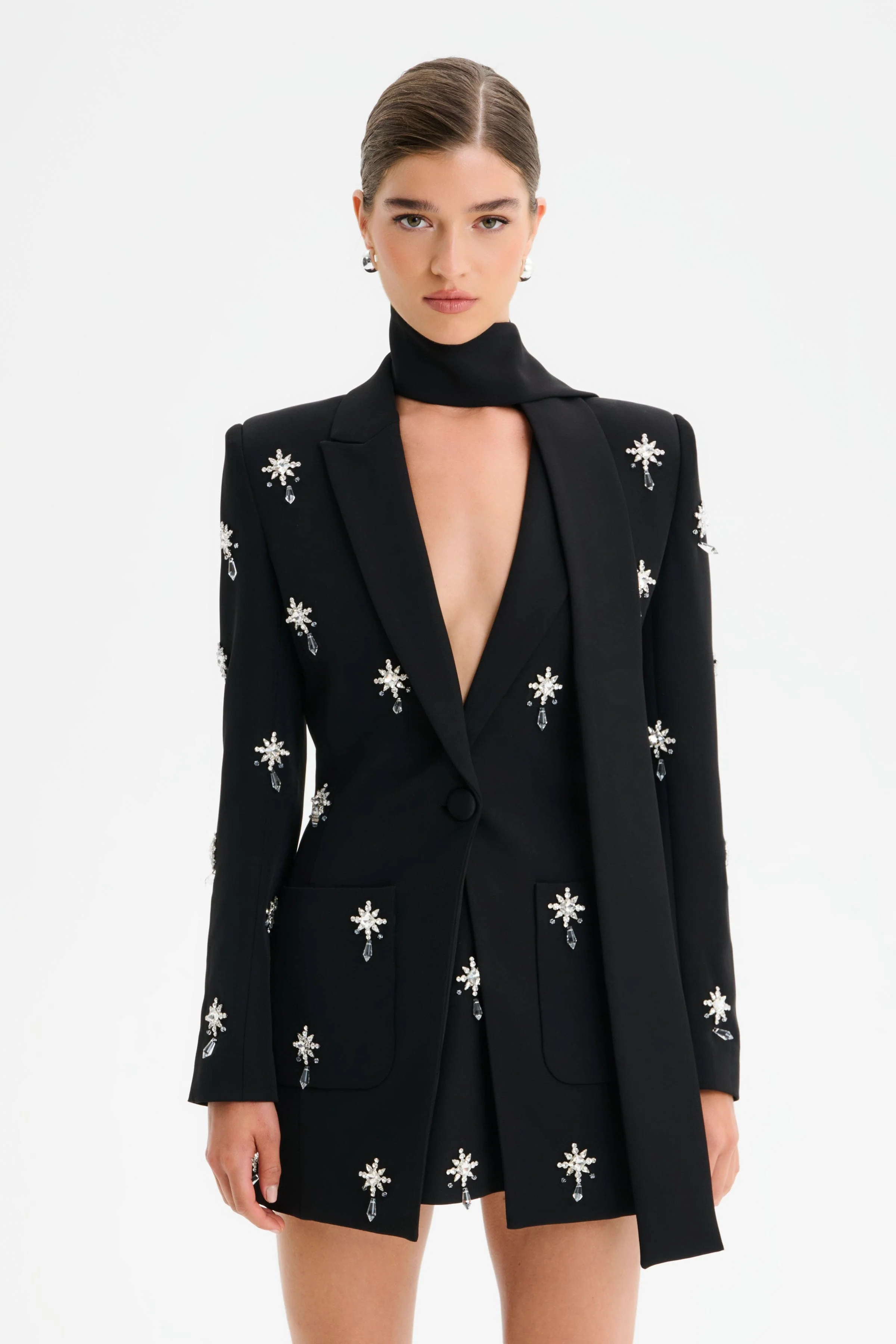 ARIA Jewel Embellished Tailored Jacket with Scarf in Black - Image 4