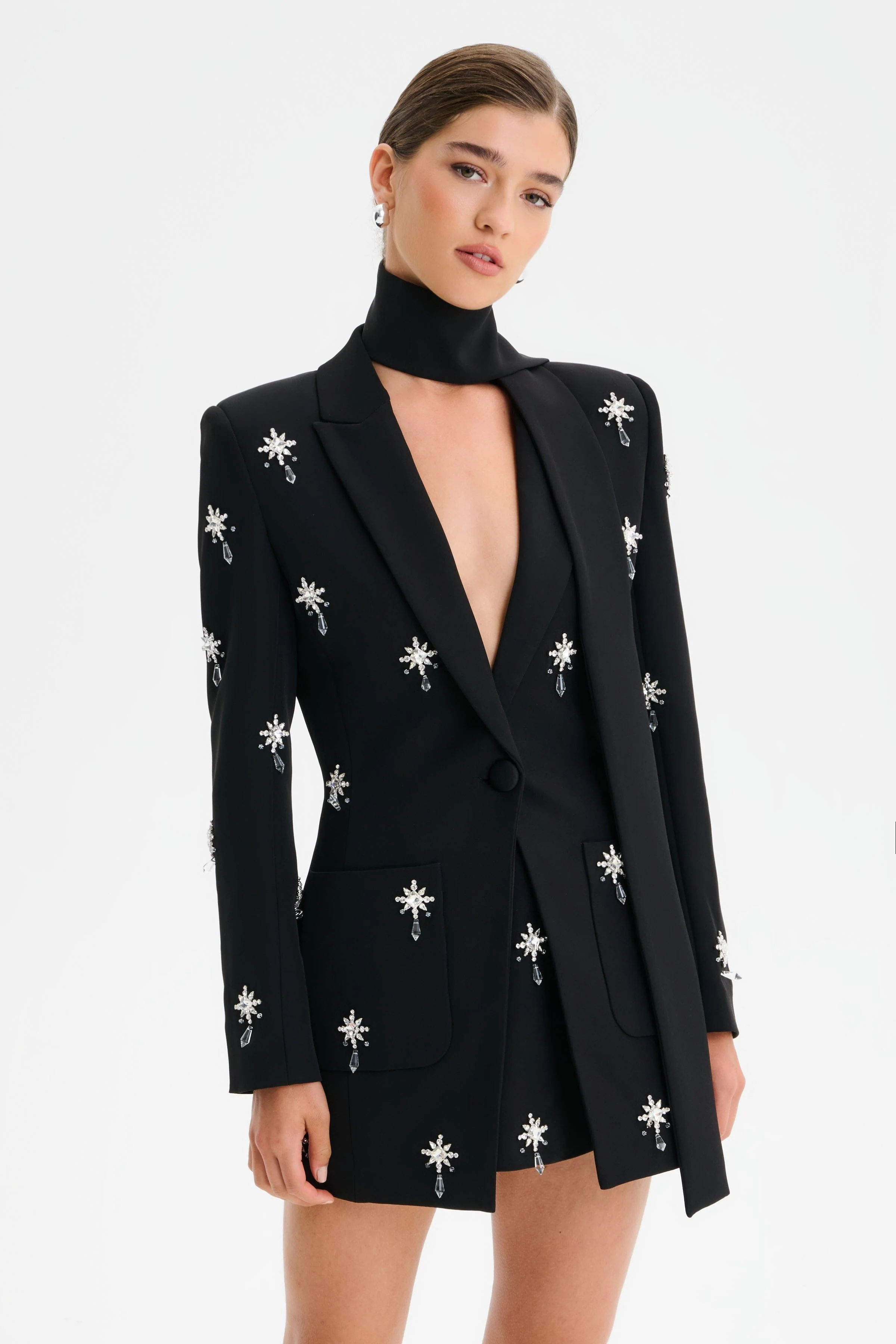 ARIA Jewel Embellished Tailored Jacket with Scarf in Black - Image 5