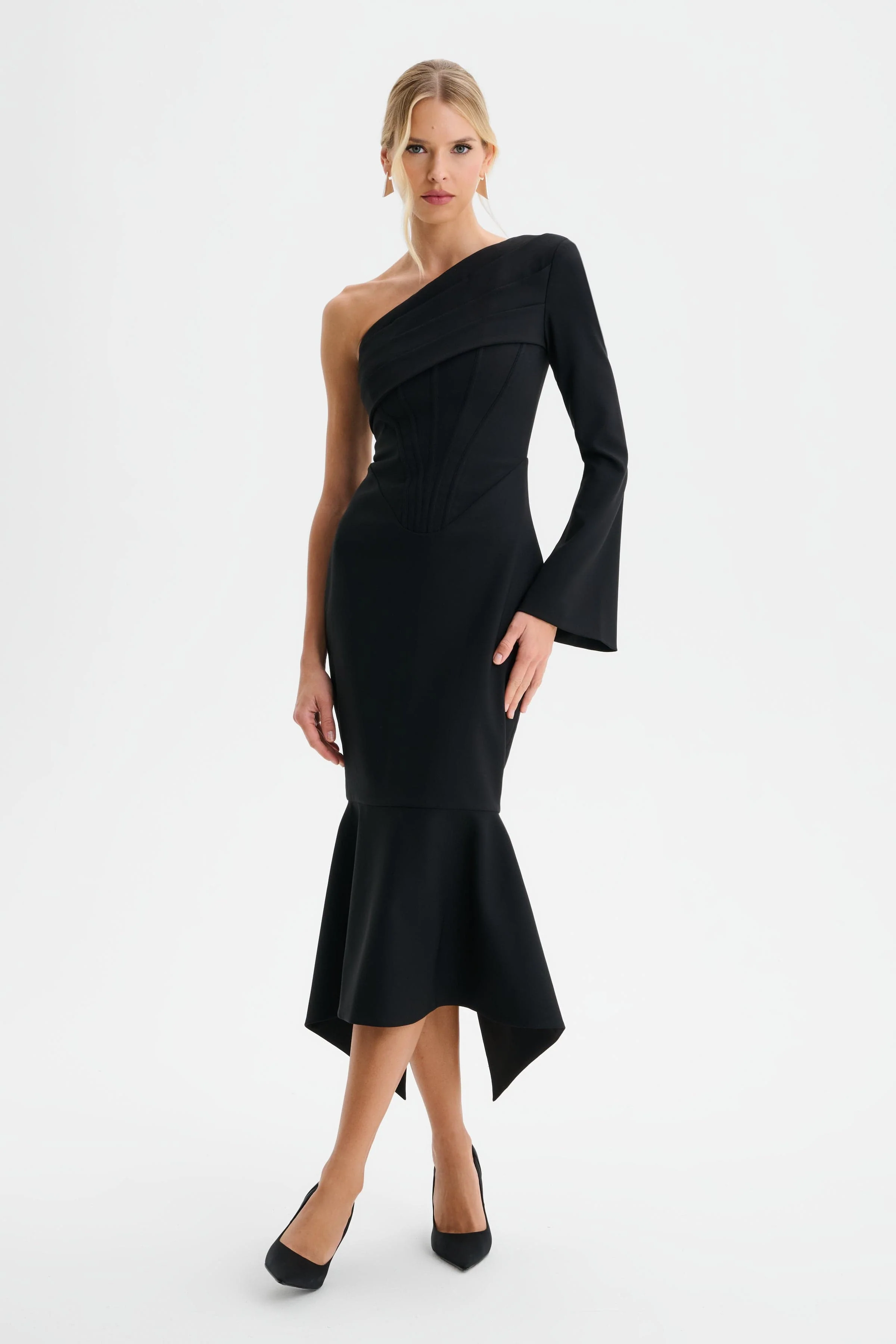 ARIANNA One Shoulder Corset Detail Fishtail Midi Dress in Black