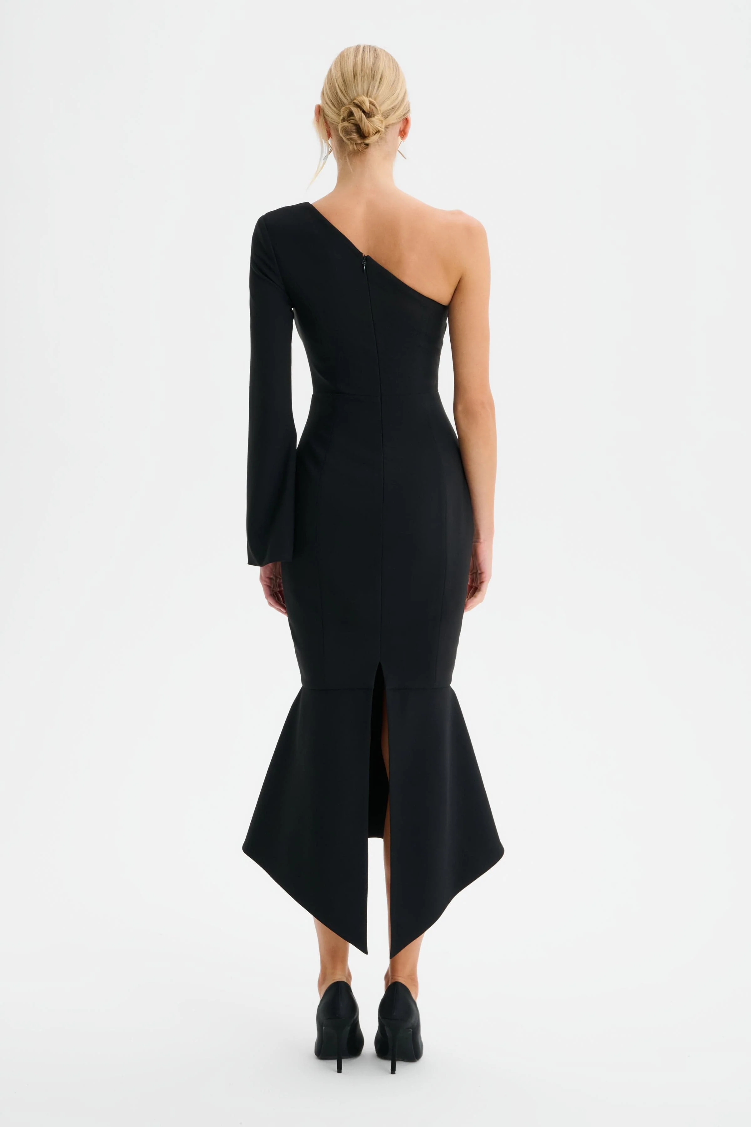 ARIANNA One Shoulder Corset Detail Fishtail Midi Dress in Black - Image 5