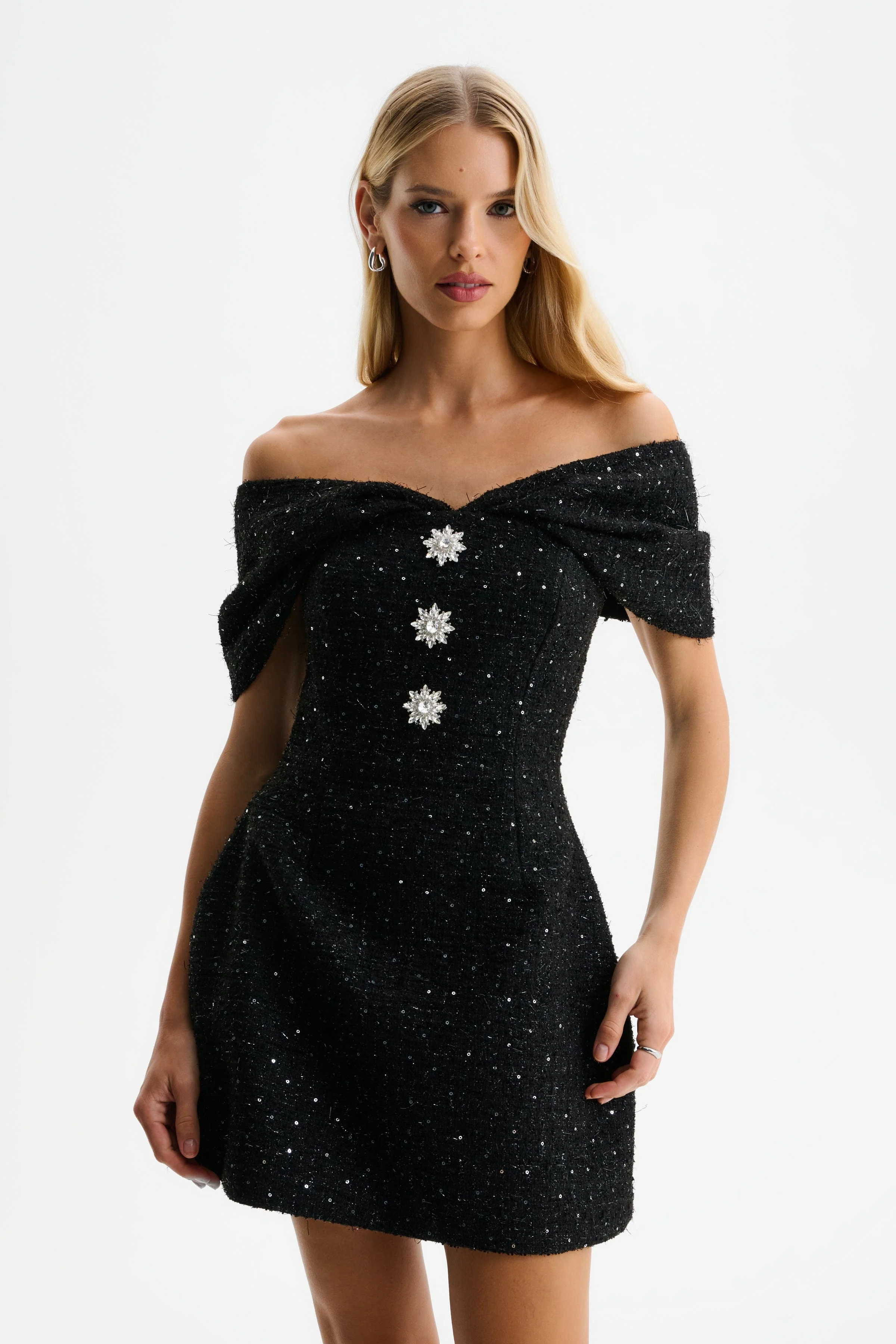 ARIELLA Sequin Boucle Off Shoulder Mini Tulip Dress in Black - Image 4