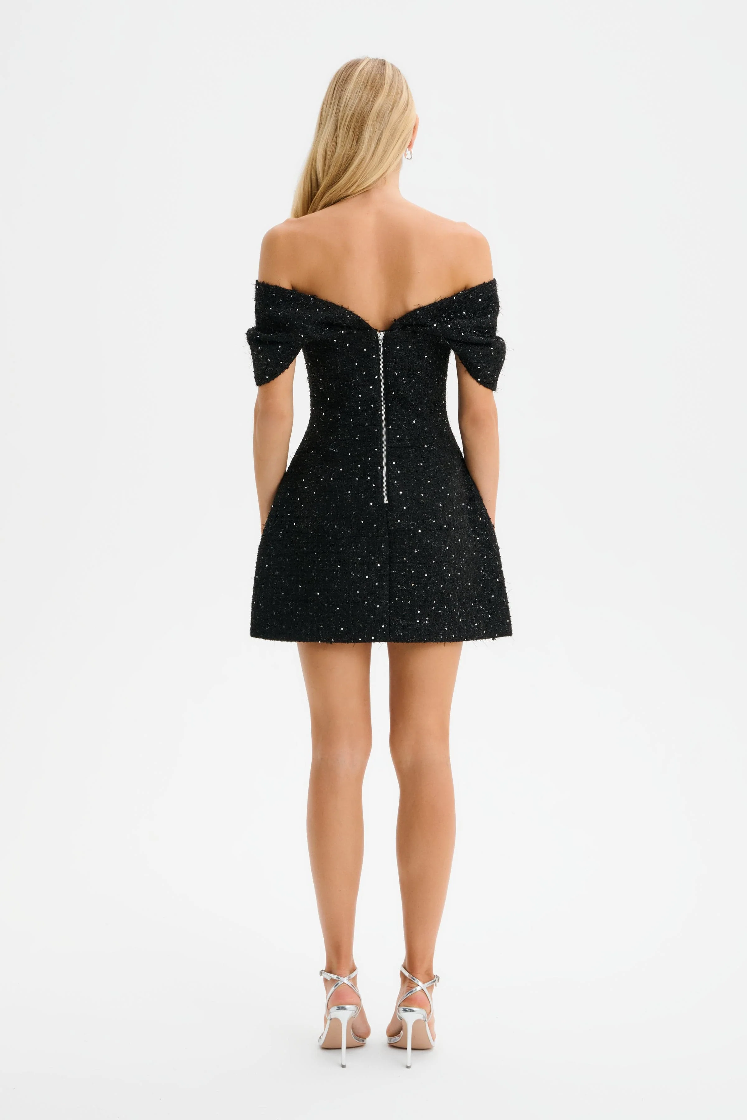 ARIELLA Sequin Boucle Off Shoulder Mini Tulip Dress in Black - Image 7