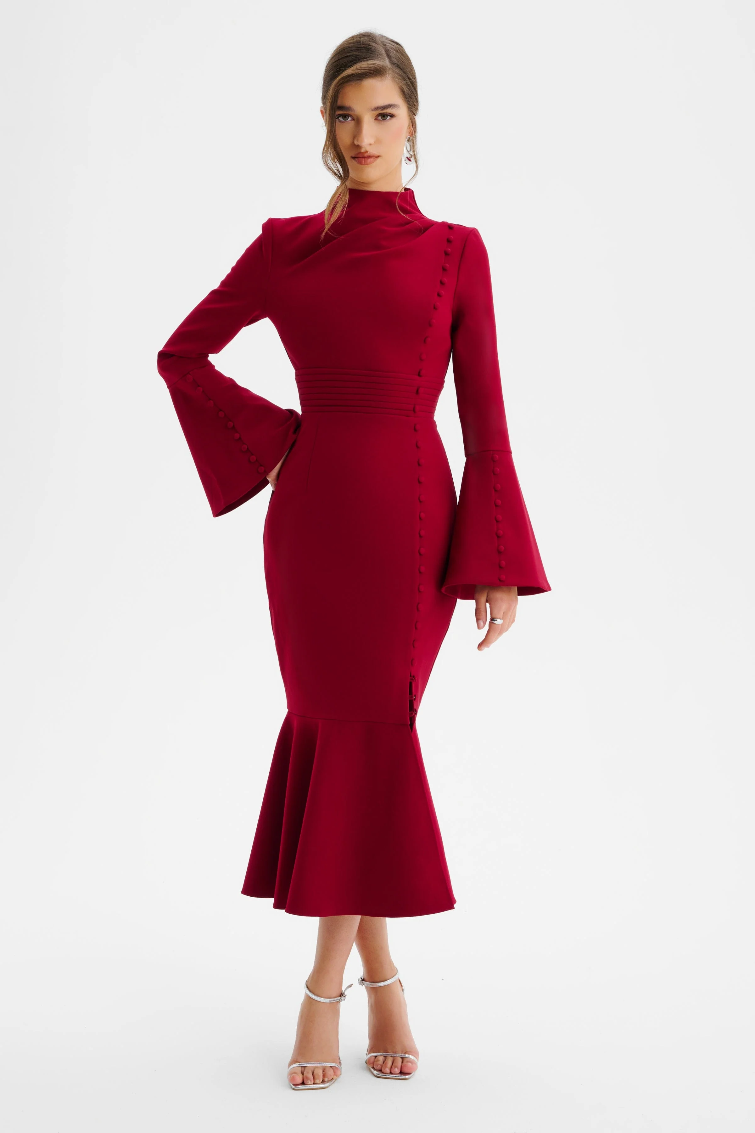 AUBREY High Neck Fluted Sleeve Micro Button Midi Dress in Burgundy - Image 2