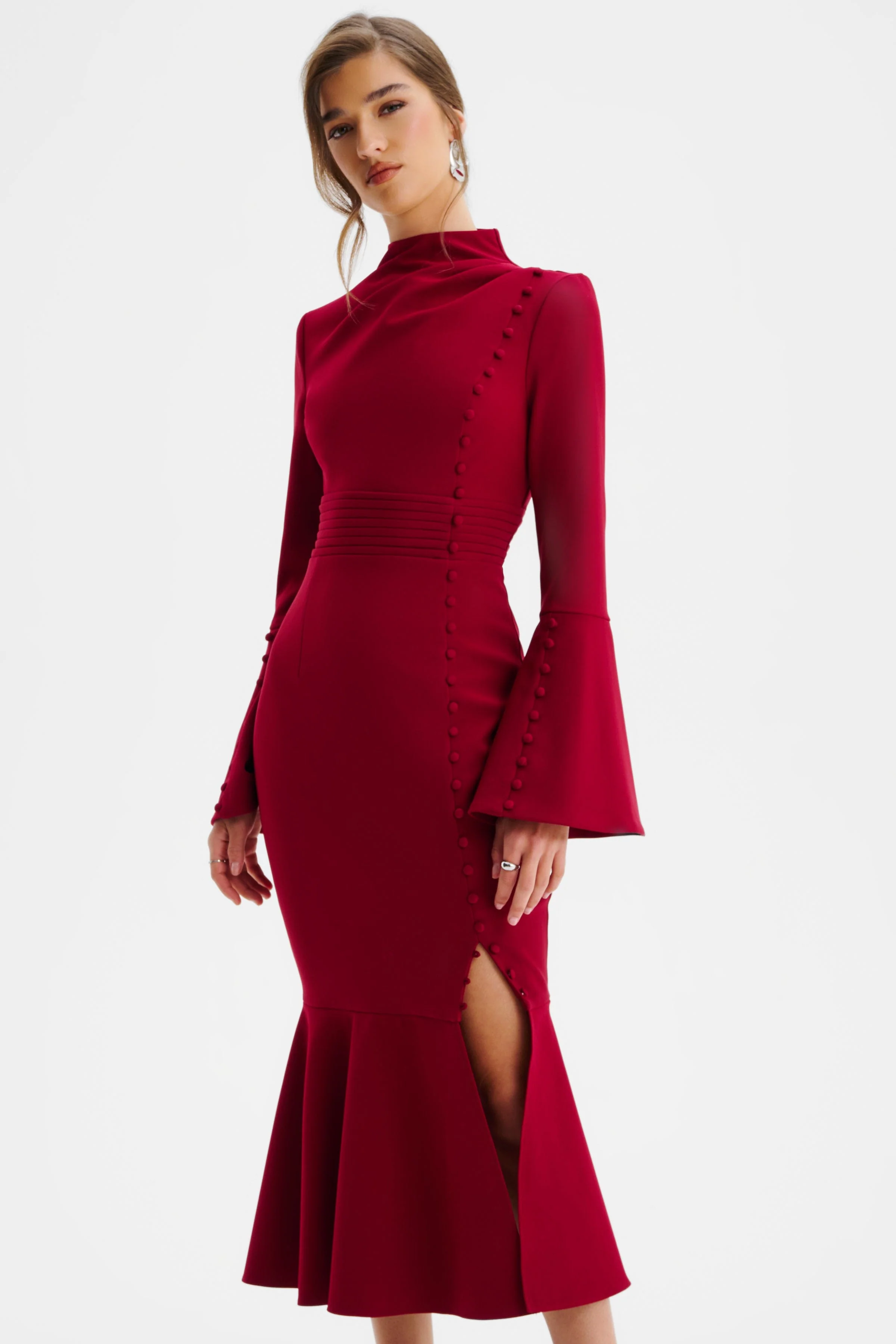 AUBREY High Neck Fluted Sleeve Micro Button Midi Dress in Burgundy - Image 3