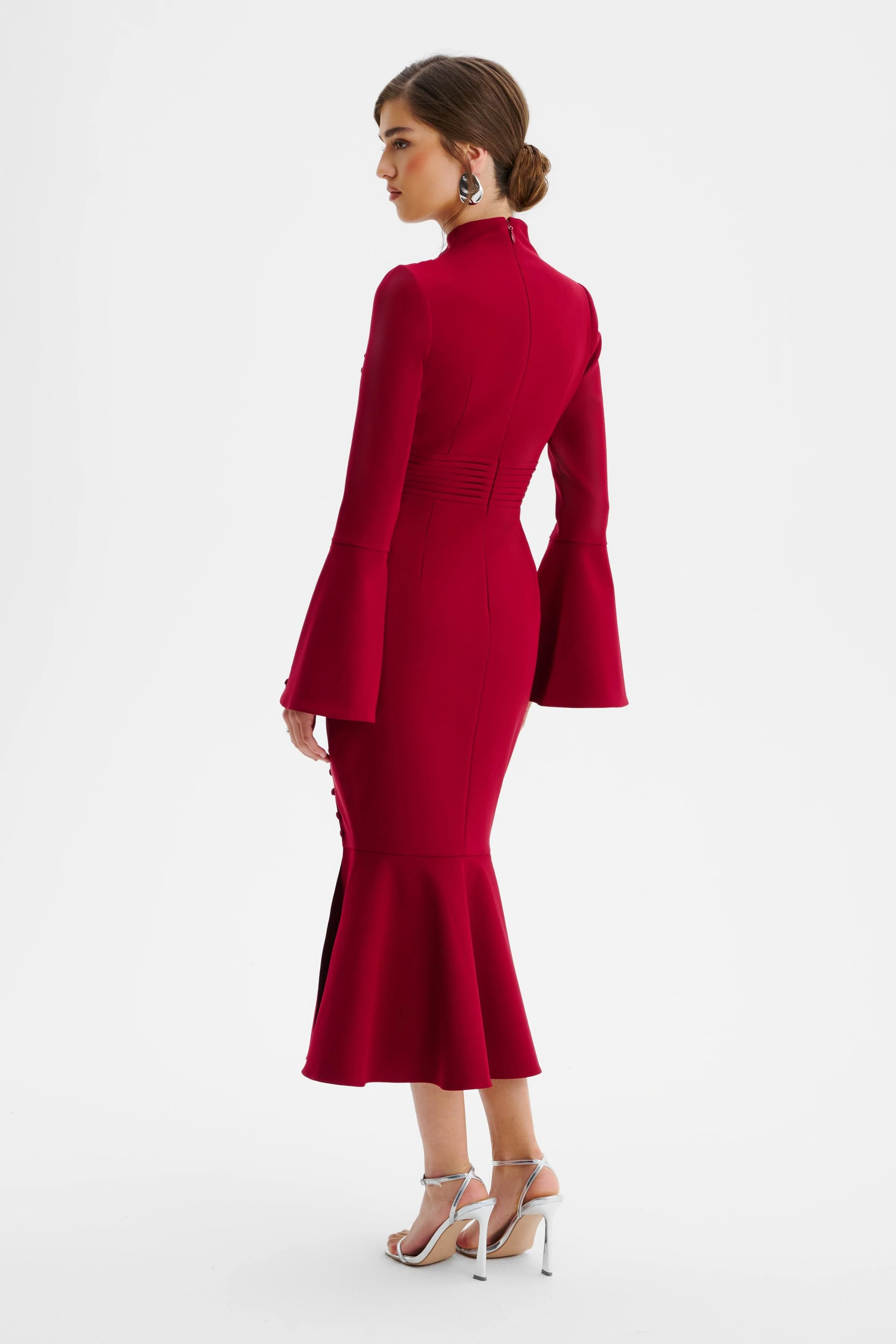 AUBREY High Neck Fluted Sleeve Micro Button Midi Dress in Burgundy - Image 4