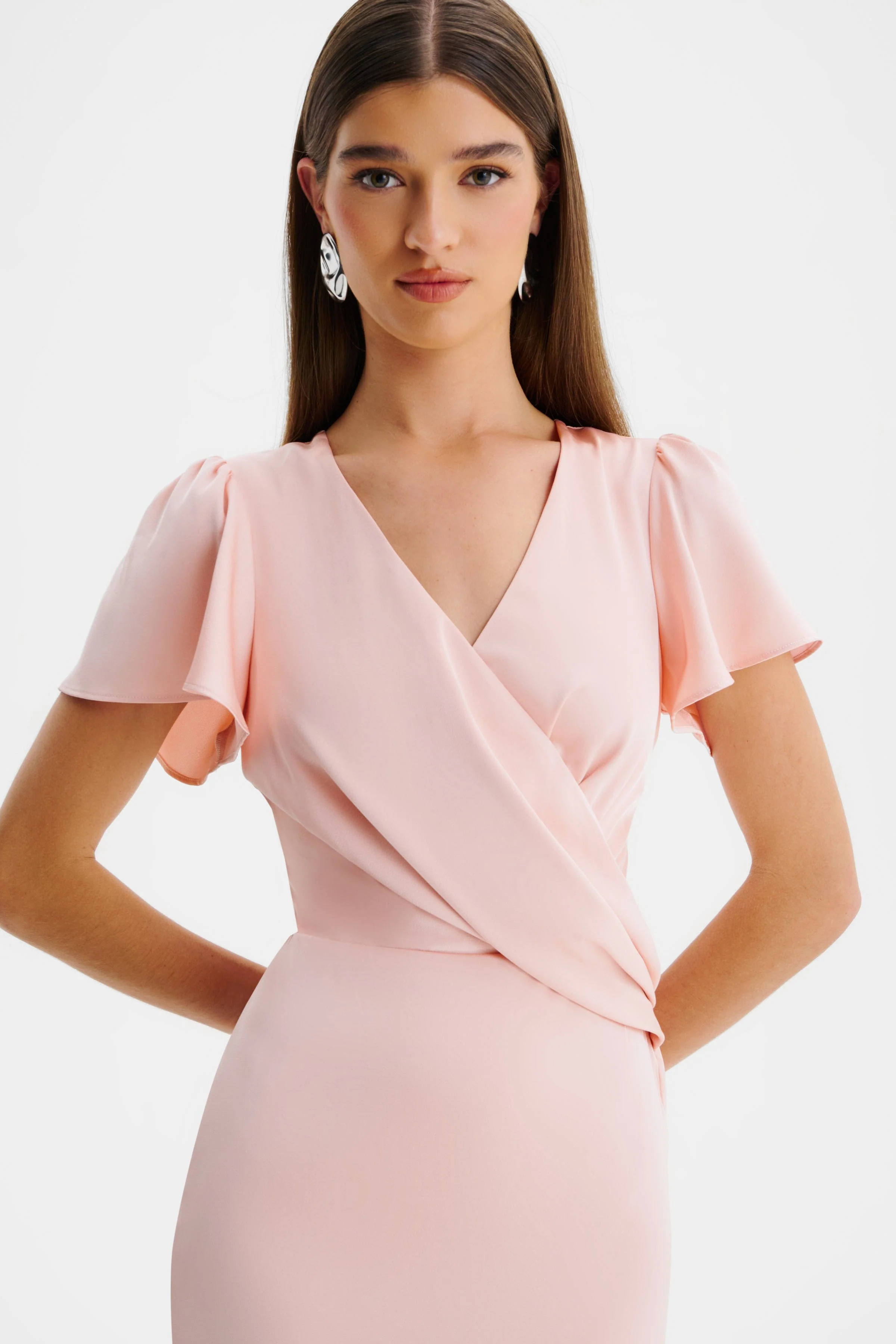 BEAU Draped Wrap Satin Maxi Dress with Sleeves in Pink - Image 3