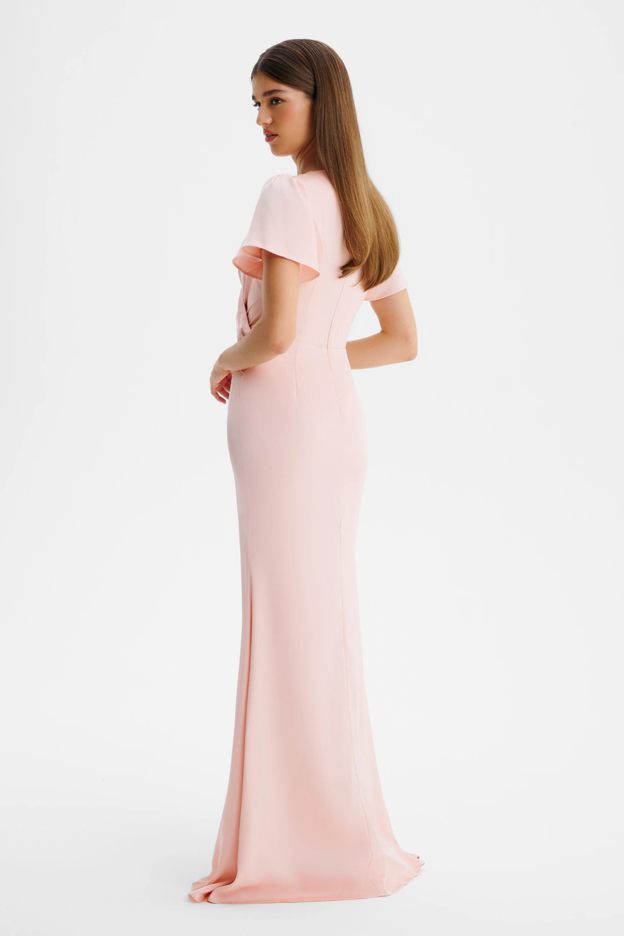 BEAU Draped Wrap Satin Maxi Dress with Sleeves in Pink - Image 4