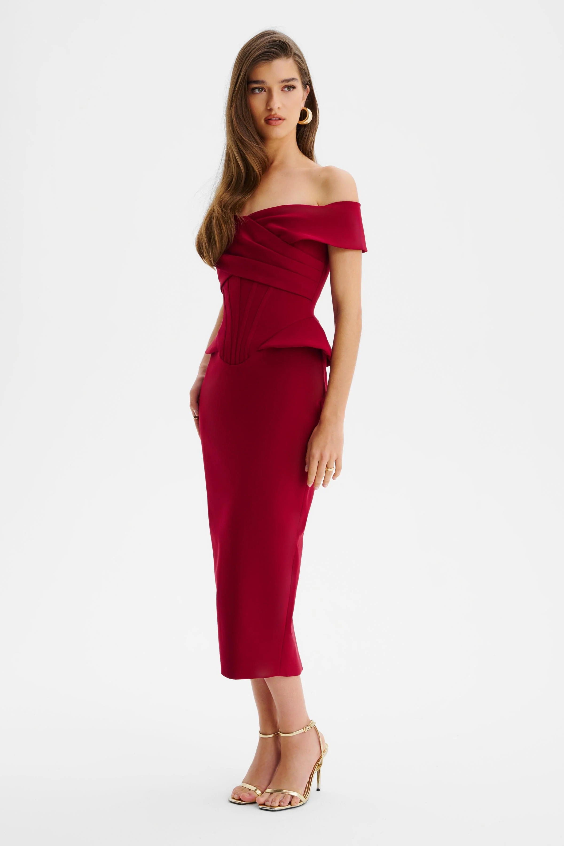 BETHANY Off Shoulder Midi Dress with Corsetry Detail in Burgundy - Image 2