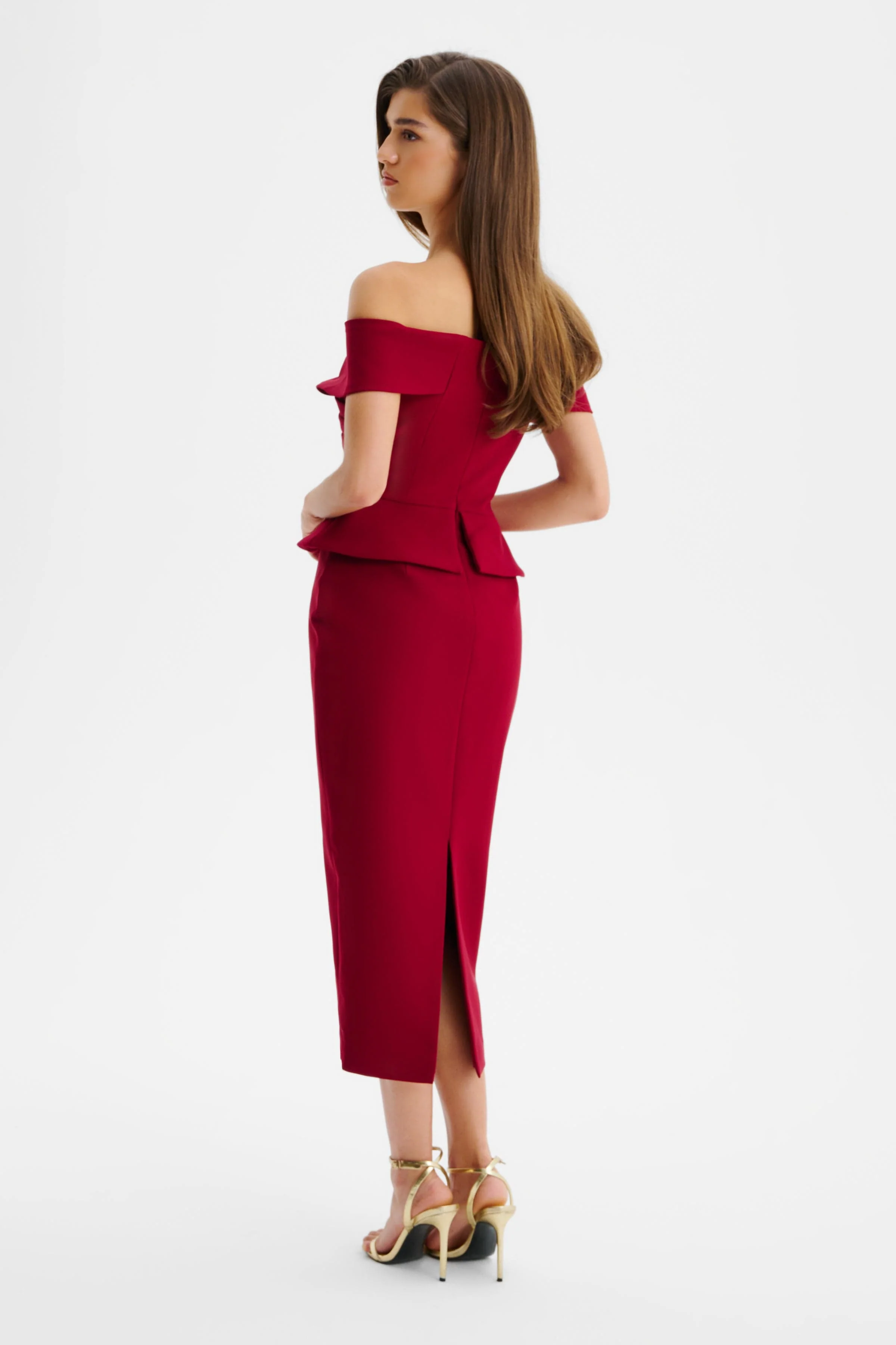 BETHANY Off Shoulder Midi Dress with Corsetry Detail in Burgundy - Image 4