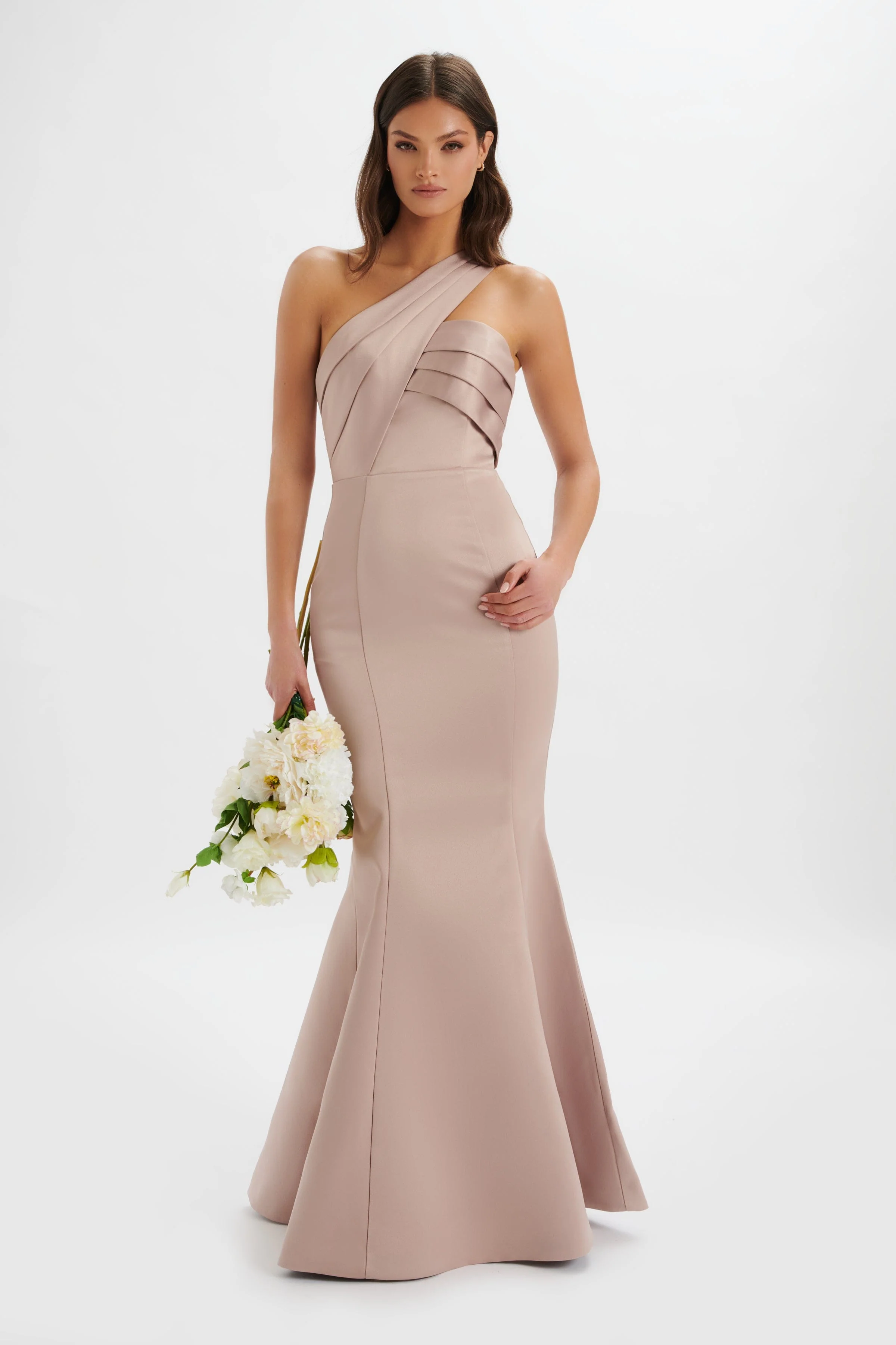 SHAILENE Bonded Satin Asymmetric Maxi Dress In Mink - Image 3