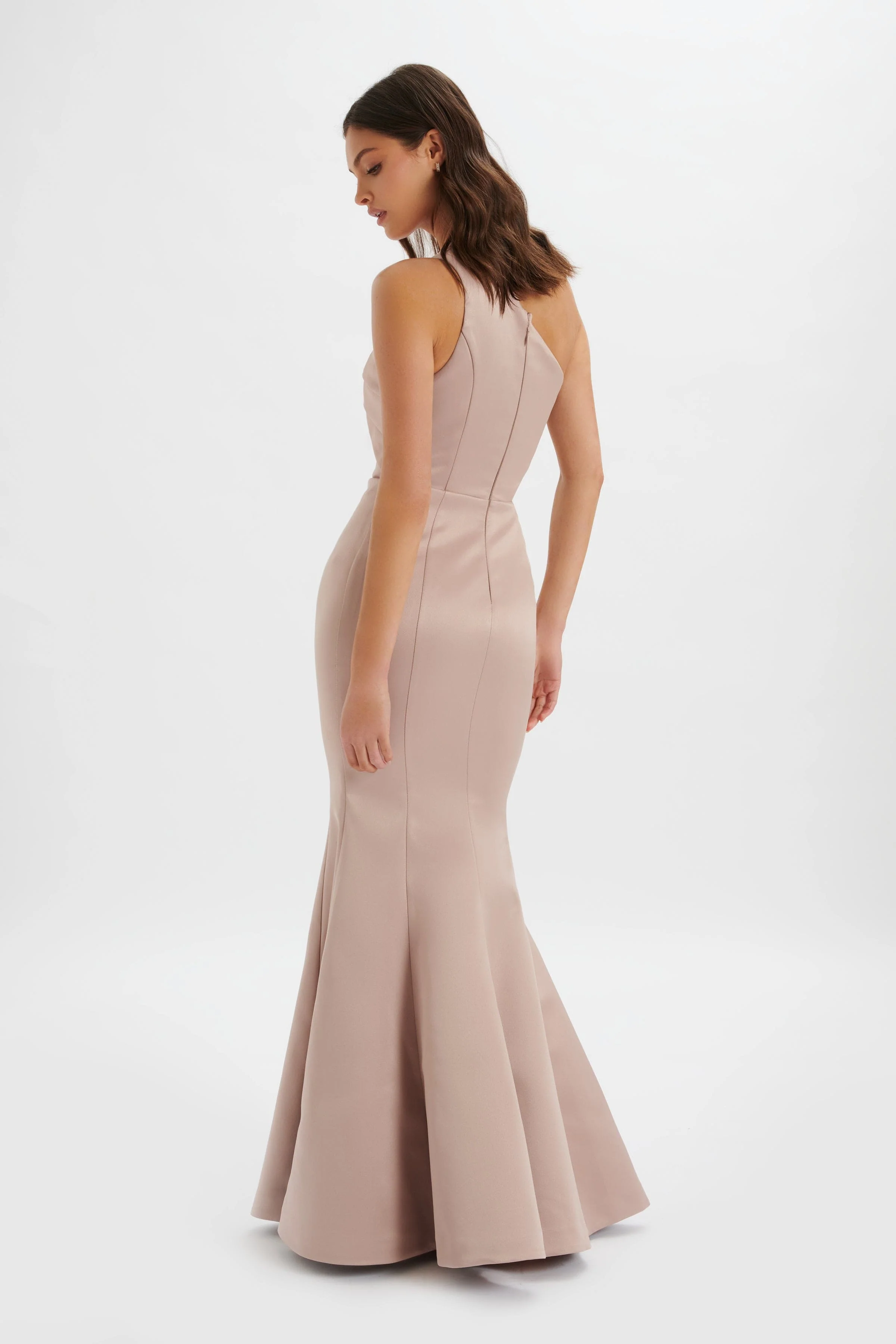 SHAILENE Bonded Satin Asymmetric Maxi Dress In Mink - Image 4