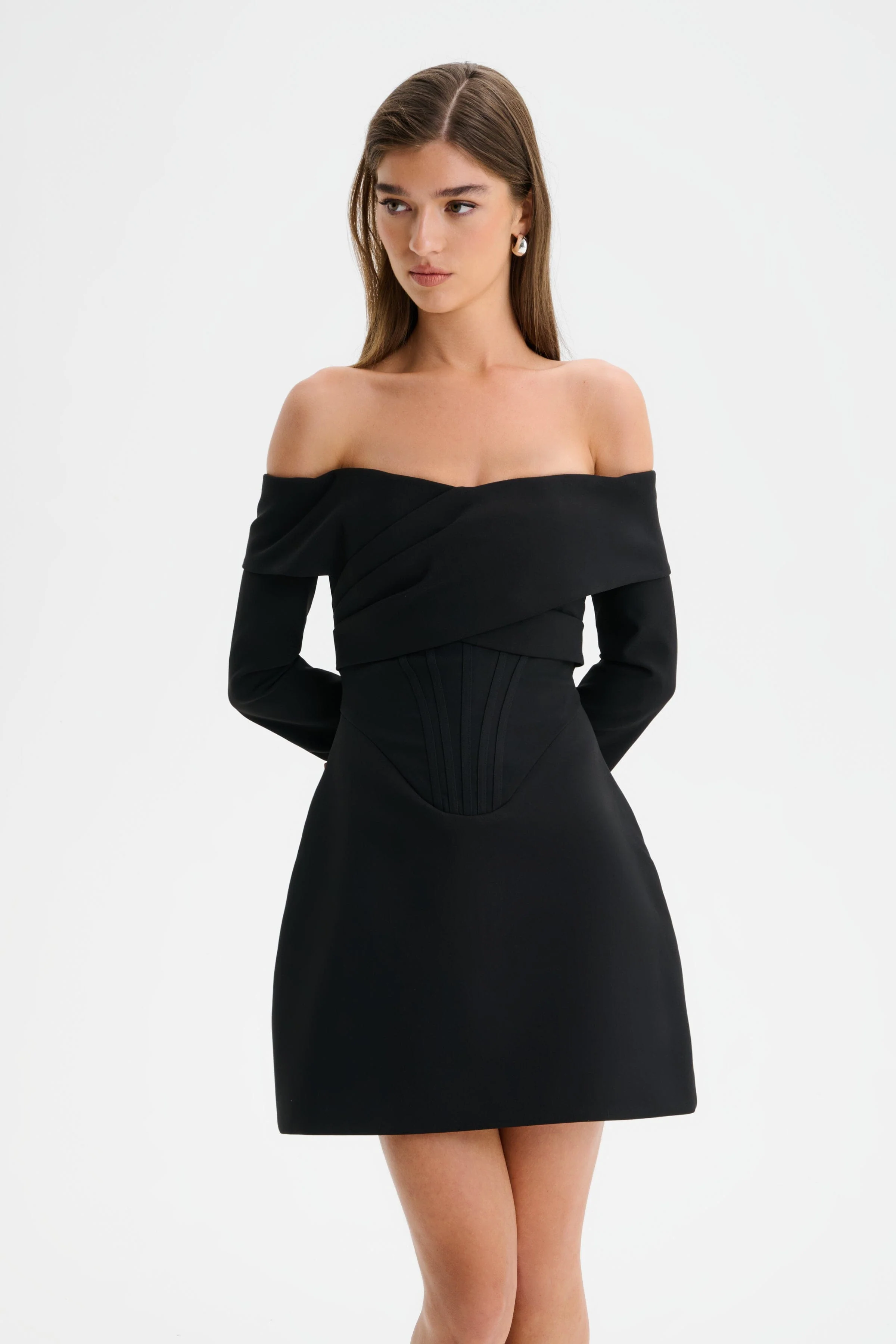 BONNIE Off Shoulder Tulip Mini Dress With Corsetry Detail in Black - Image 2
