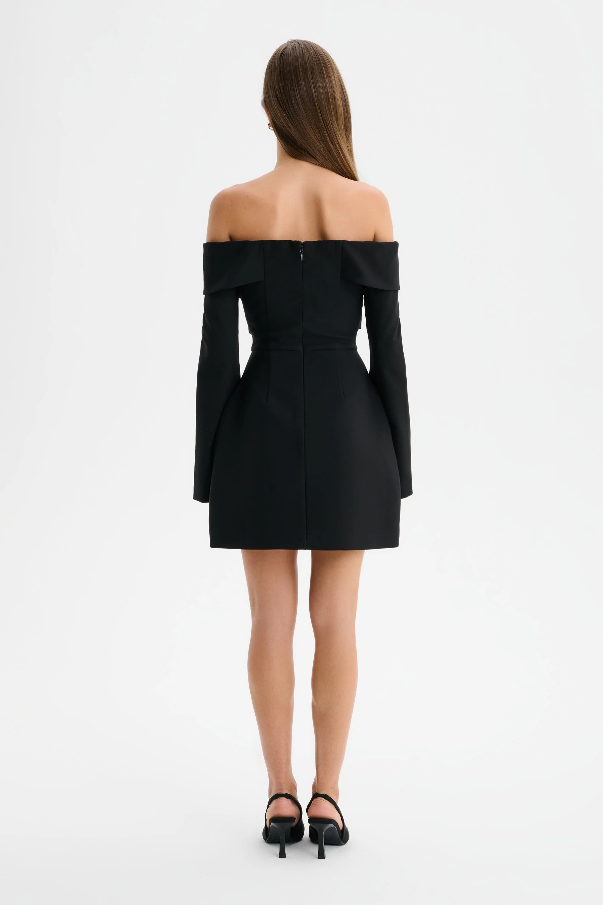 BONNIE Off Shoulder Tulip Mini Dress With Corsetry Detail in Black - Image 5