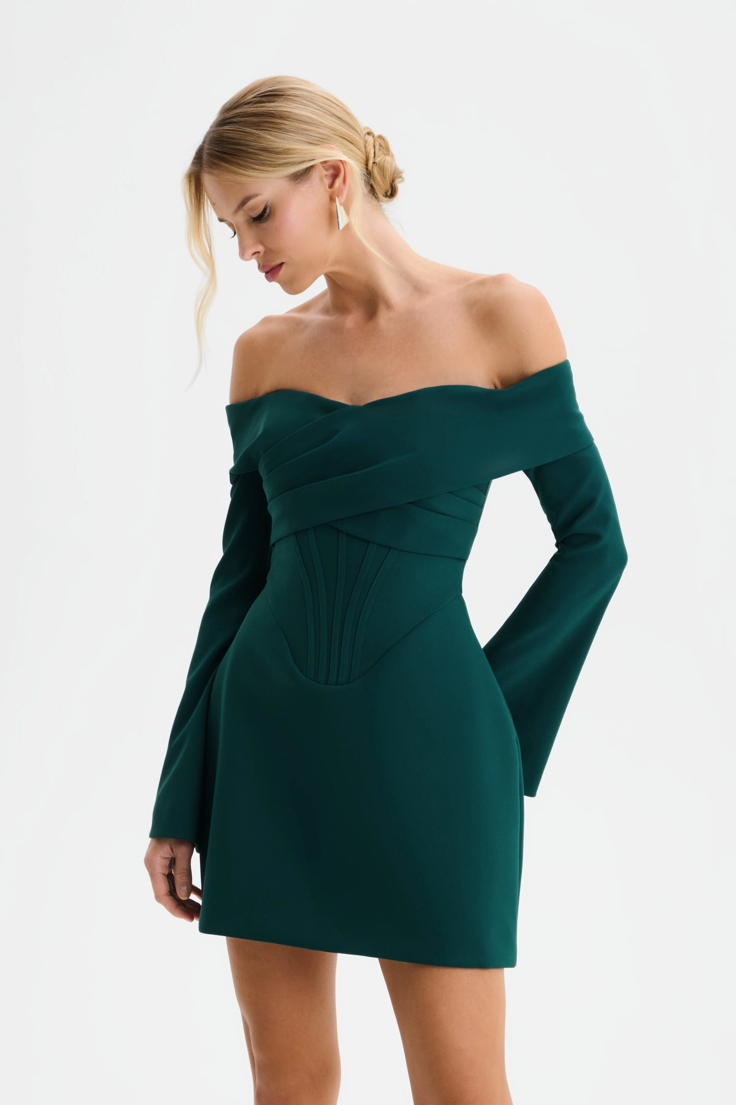 BONNIE Off Shoulder Tulip Mini Dress with Corsetry Detail in Emerald Green - Image 4