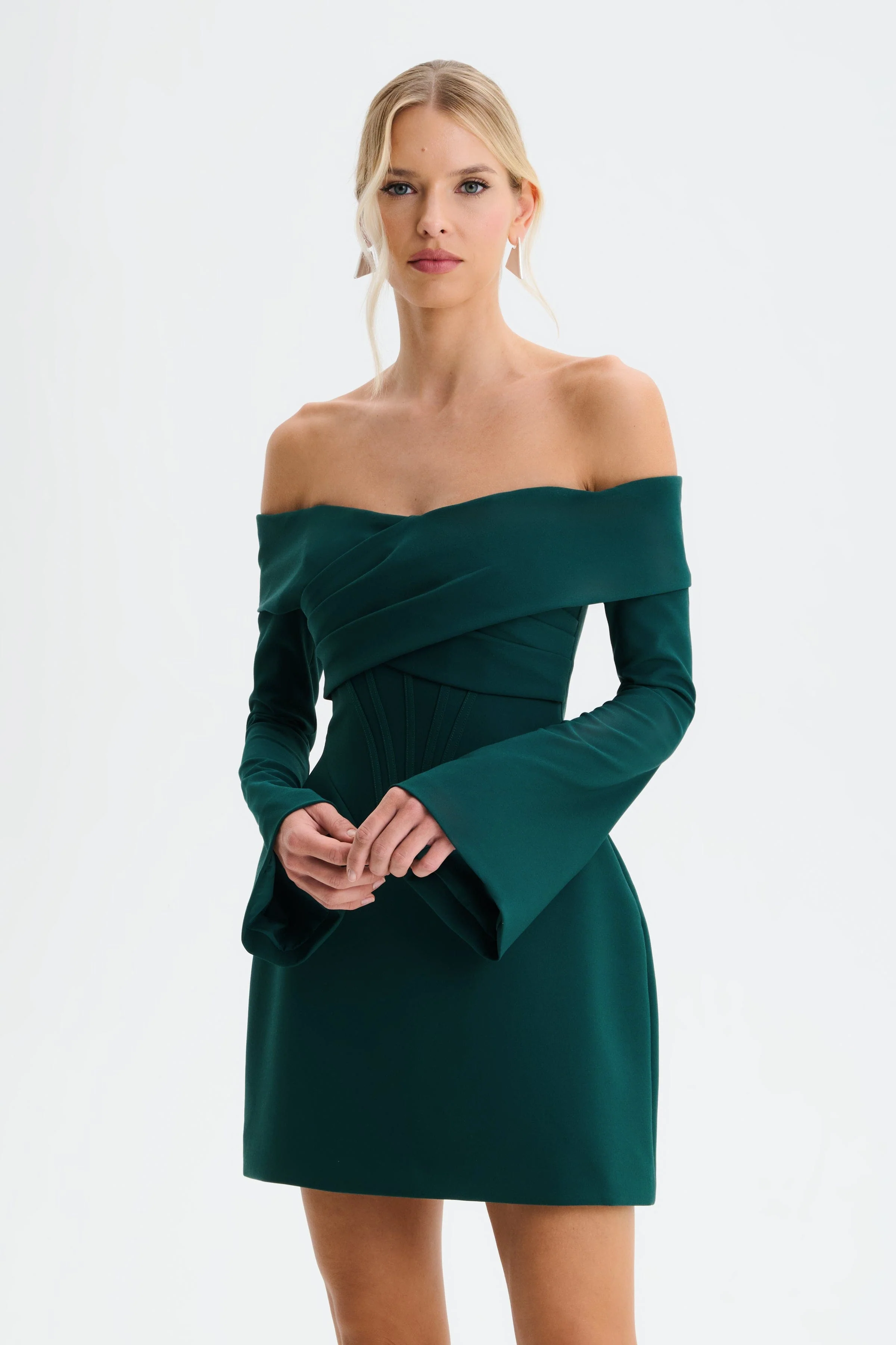 BONNIE Off Shoulder Tulip Mini Dress with Corsetry Detail in Emerald Green - Image 5