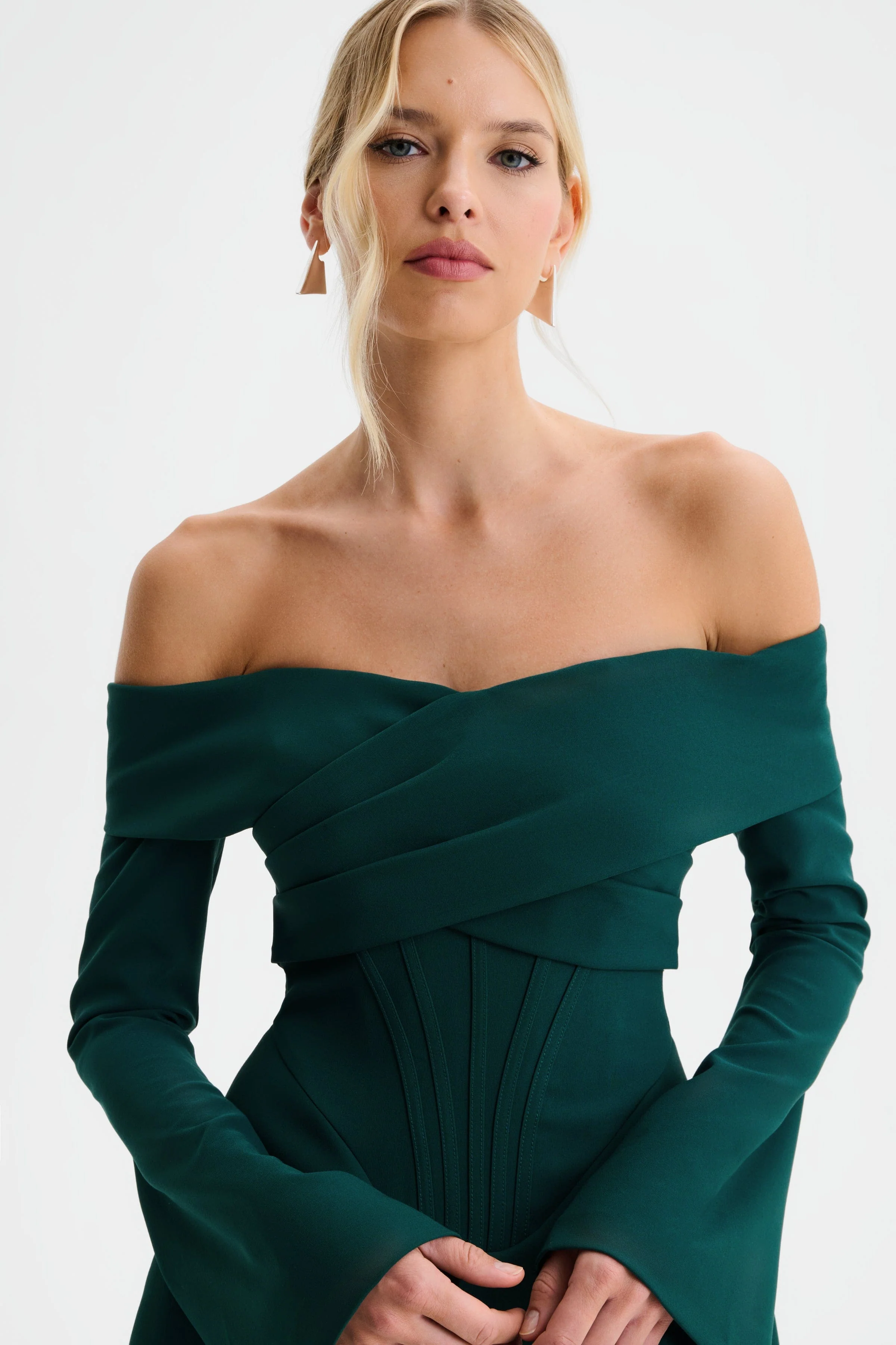 BONNIE Off Shoulder Tulip Mini Dress with Corsetry Detail in Emerald Green - Image 6