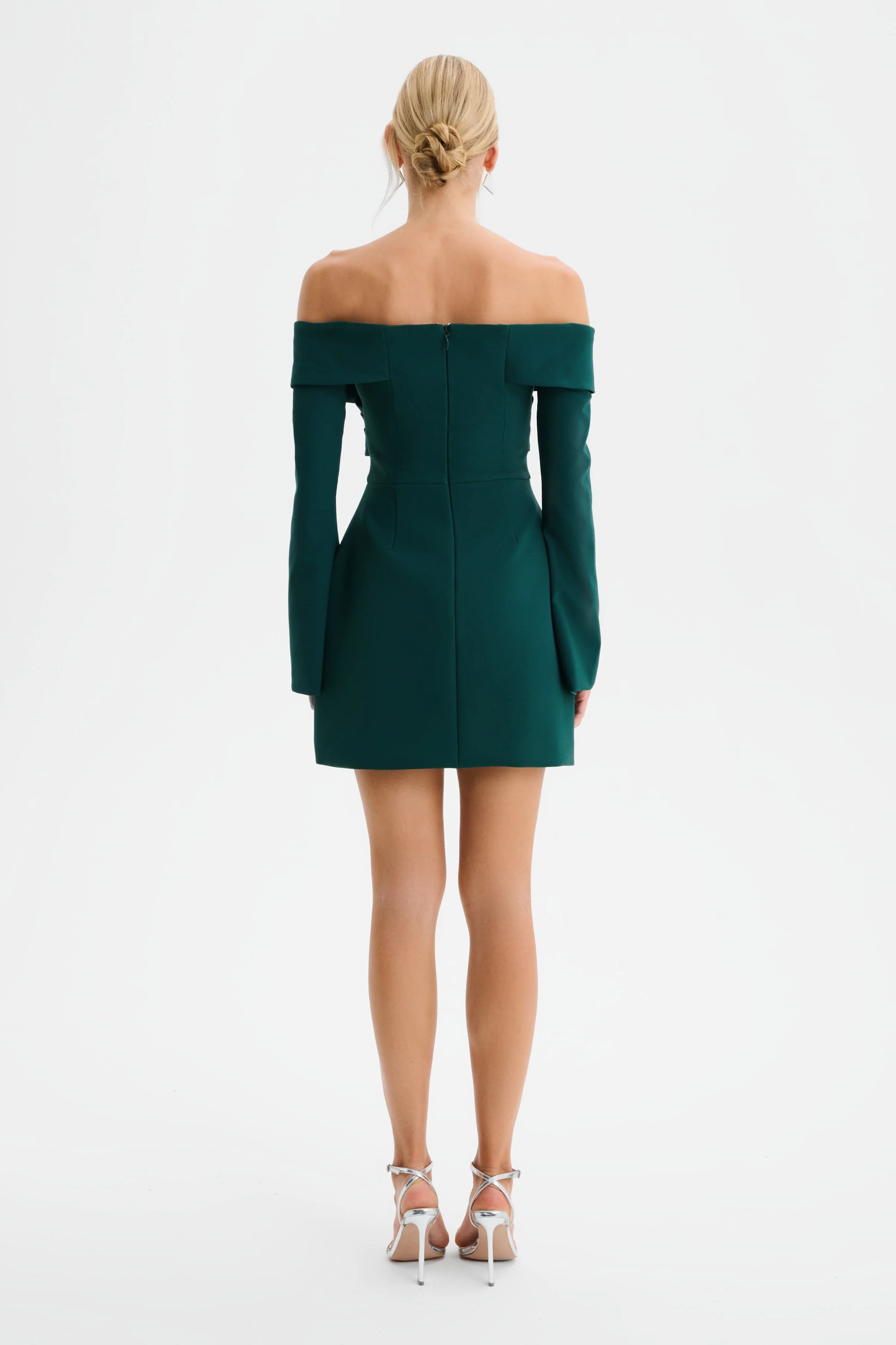 BONNIE Off Shoulder Tulip Mini Dress with Corsetry Detail in Emerald Green - Image 7