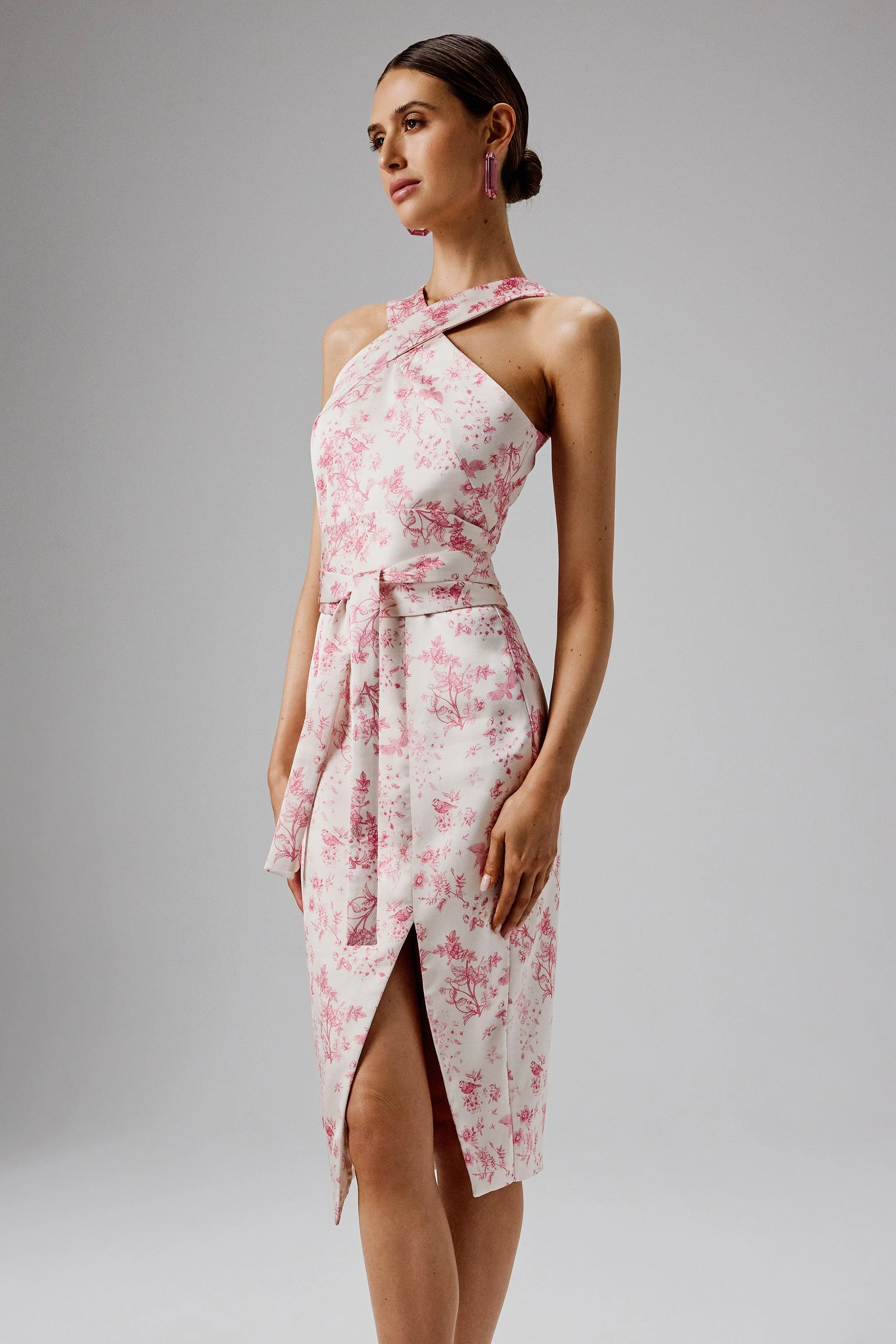 BRIELLE Bonded Satin Obi Belted Halterneck Midi Dress in Pink Porcelain - Image 2