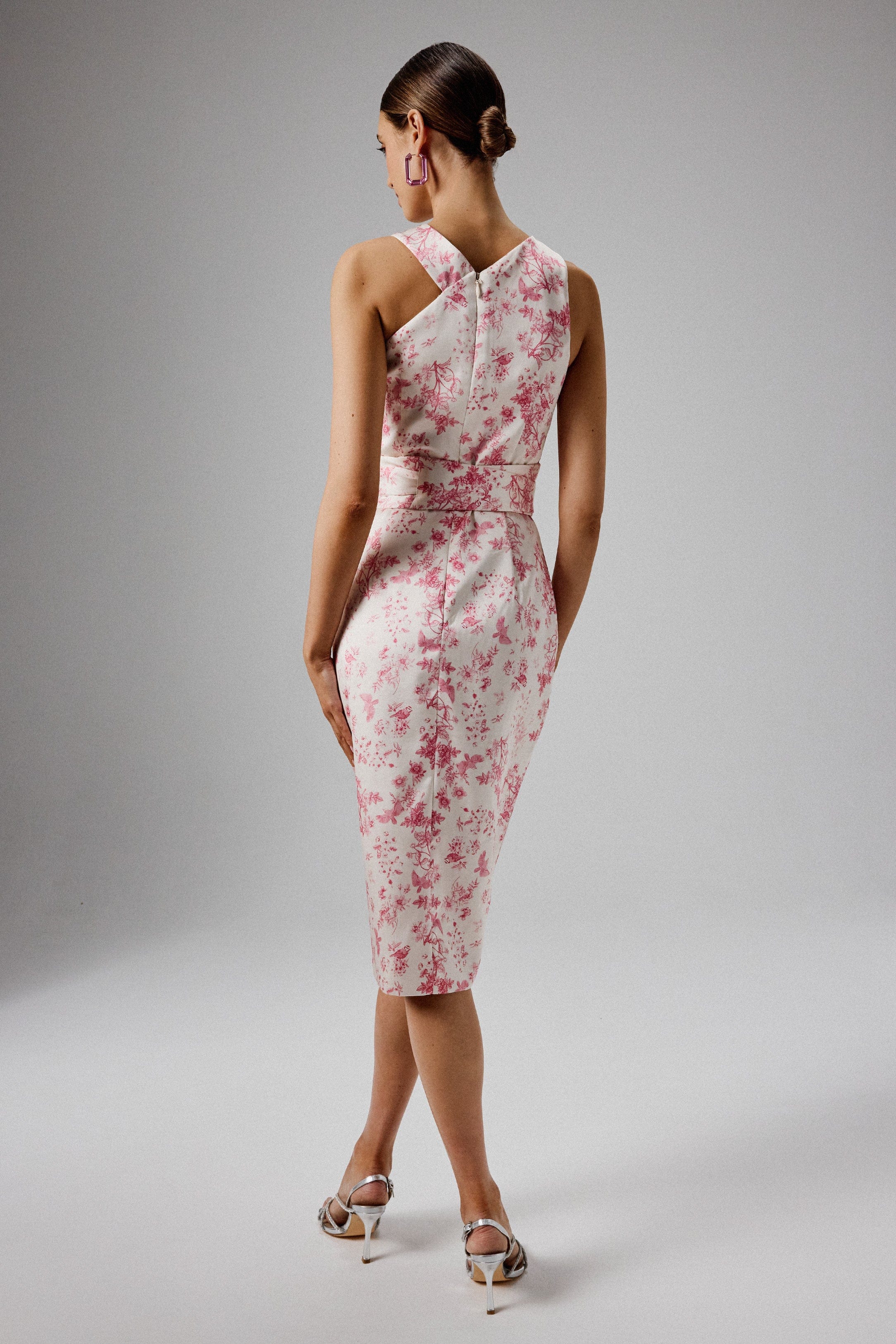 BRIELLE Bonded Satin Obi Belted Halterneck Midi Dress in Pink Porcelain - Image 5