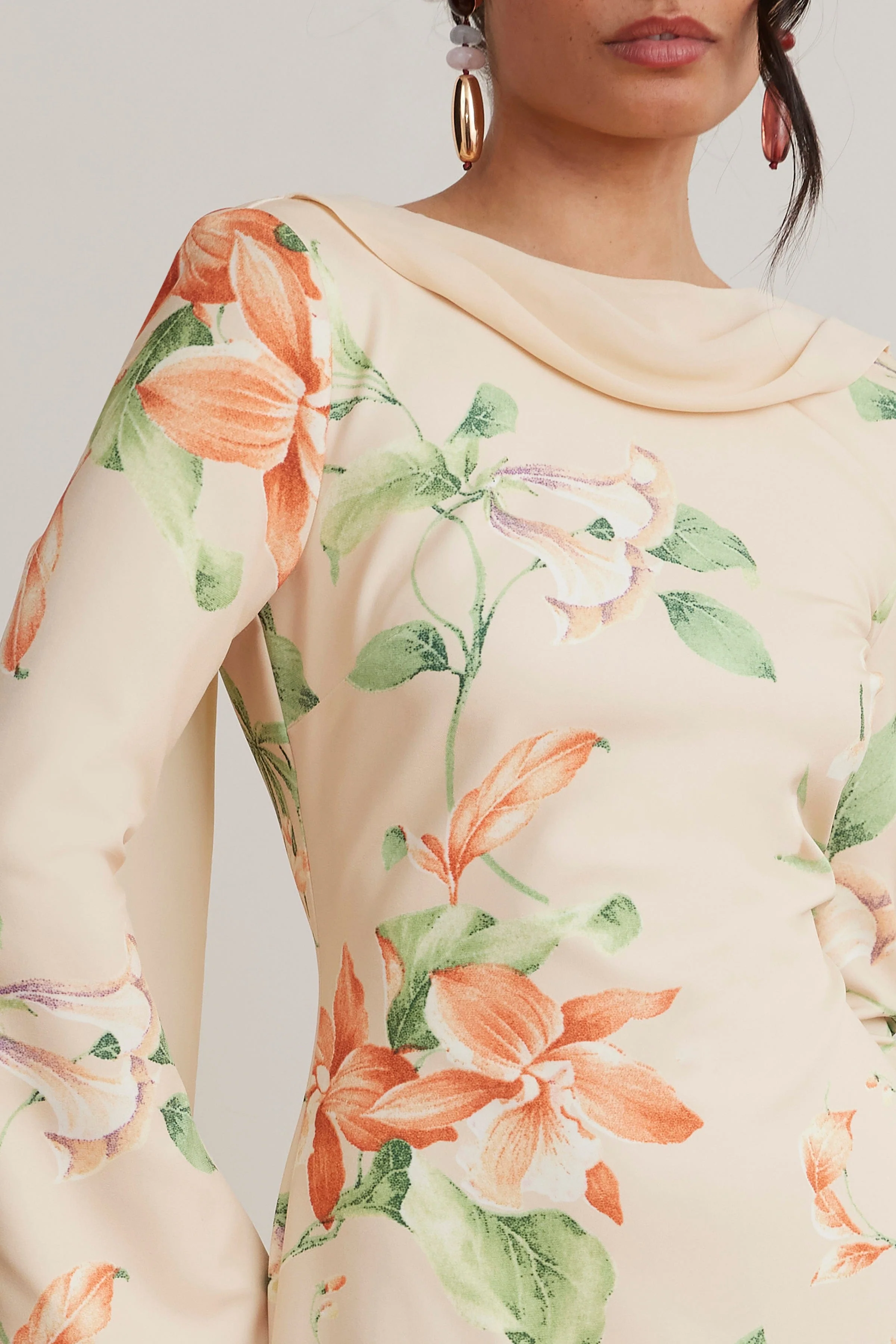 BROOKE Floral Print Fishtail Midi Dress With Chiffon Drape In Yellow - Image 3