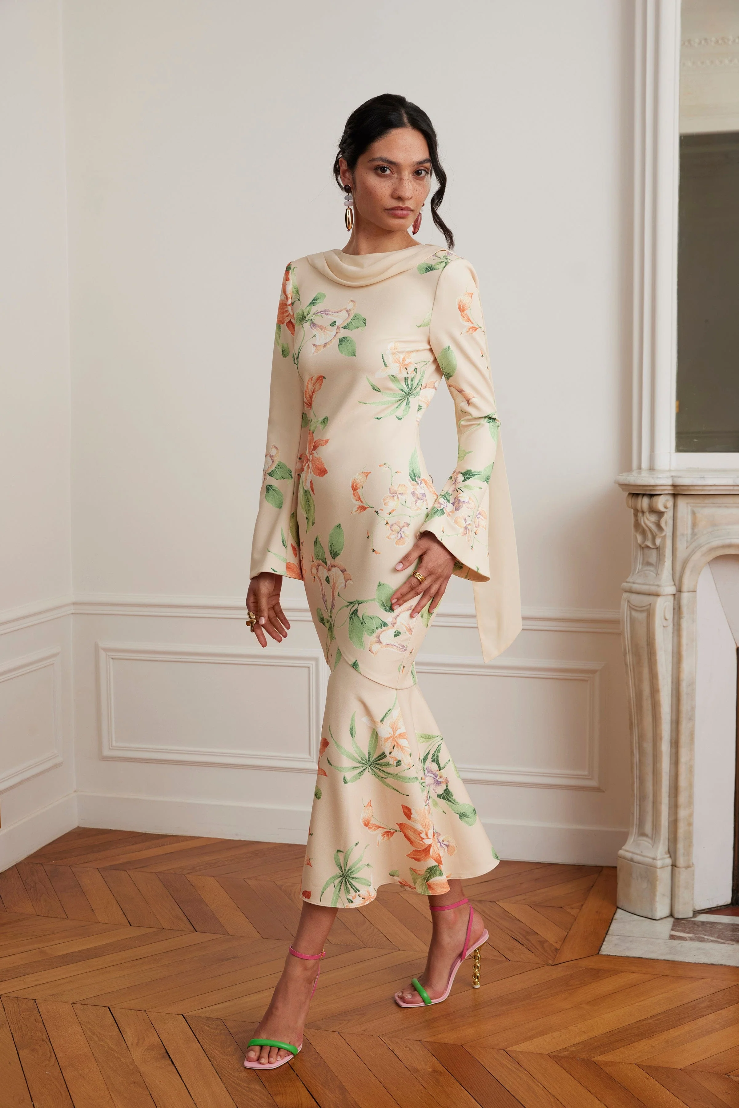 BROOKE Floral Print Fishtail Midi Dress With Chiffon Drape In Yellow - Image 4