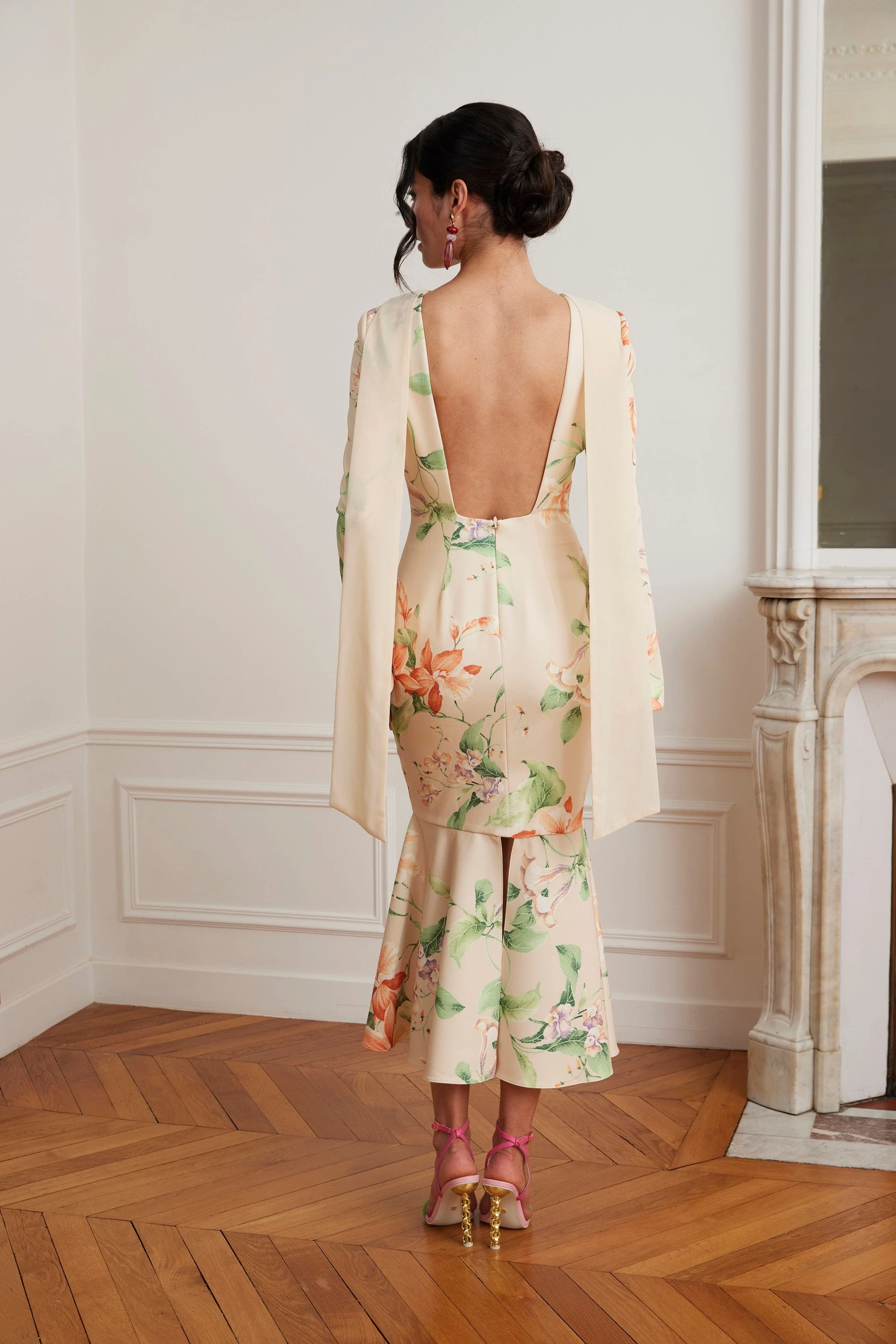 BROOKE Floral Print Fishtail Midi Dress With Chiffon Drape In Yellow - Image 5