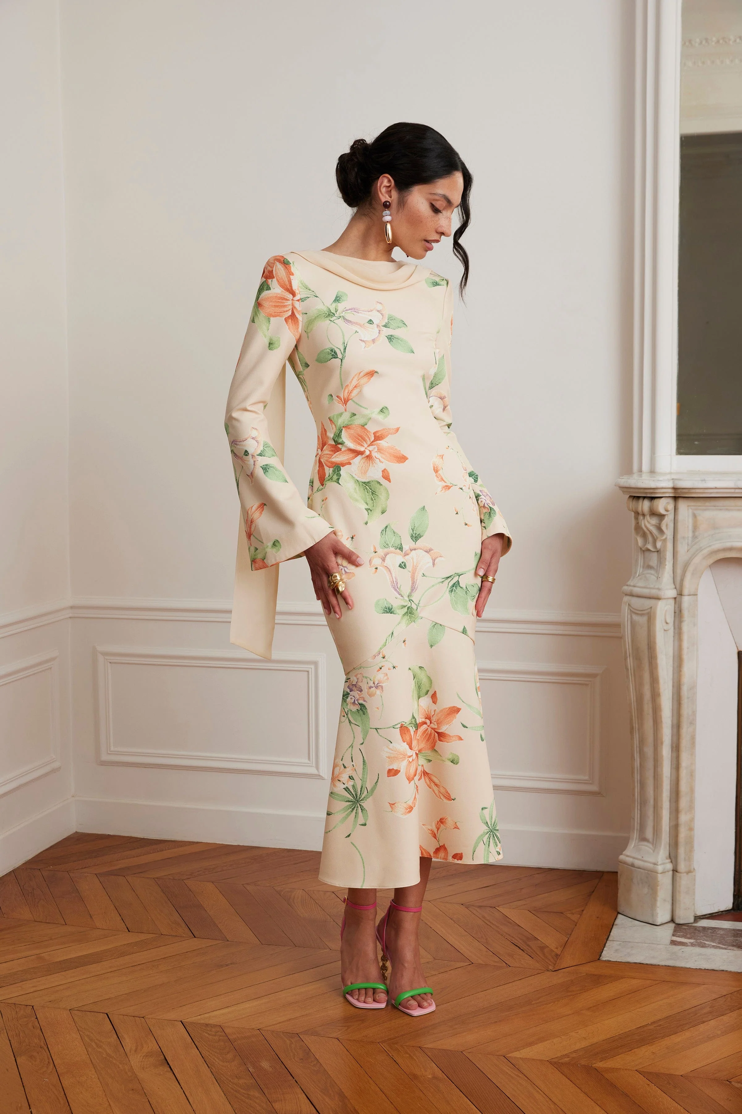 BROOKE Floral Print Fishtail Midi Dress With Chiffon Drape In Yellow - Image 6