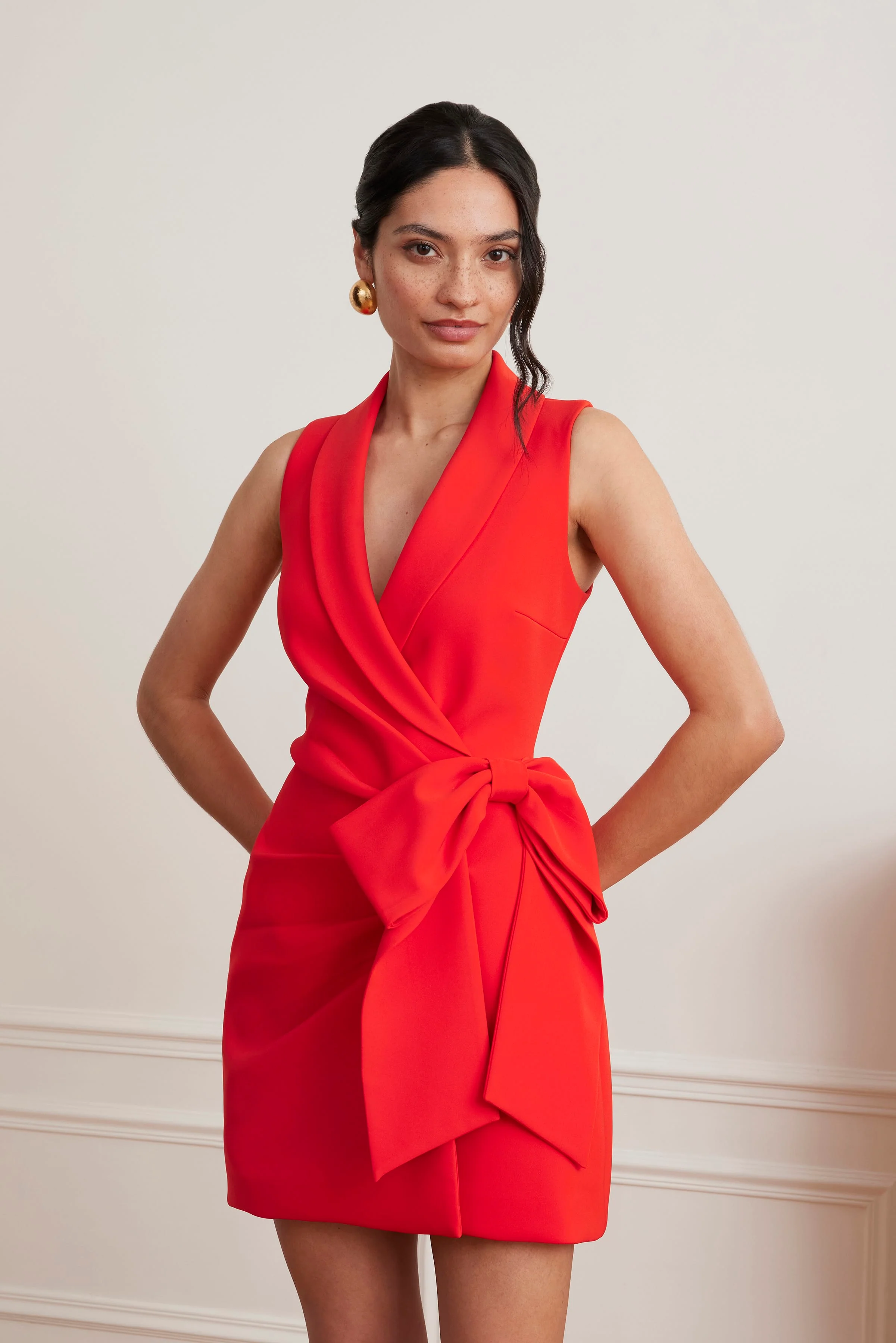 CAMILLE Tailored Blazer Mini Dress With Bow Detail In Scarlet Red - Image 3