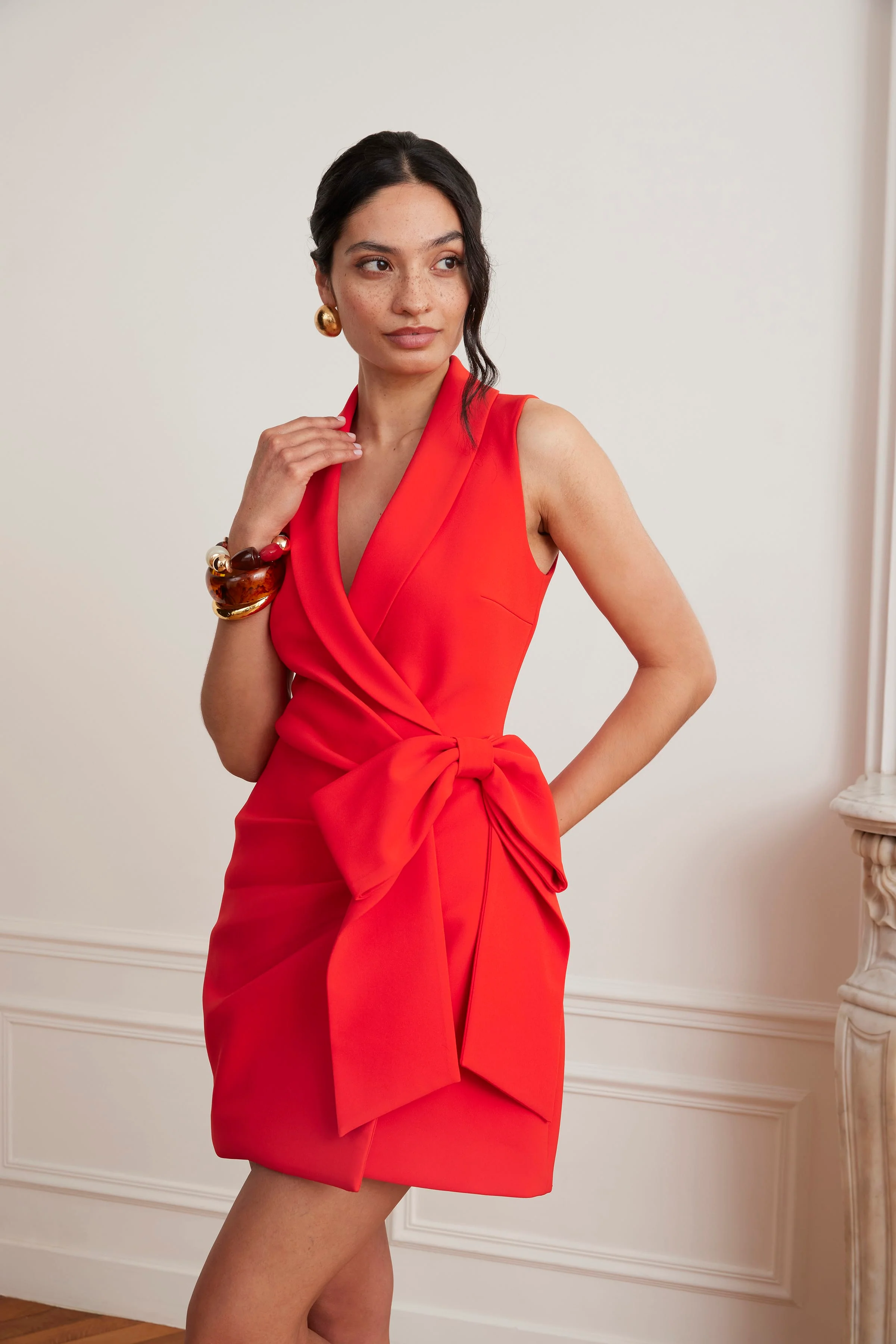 CAMILLE Tailored Blazer Mini Dress With Bow Detail In Scarlet Red - Image 5