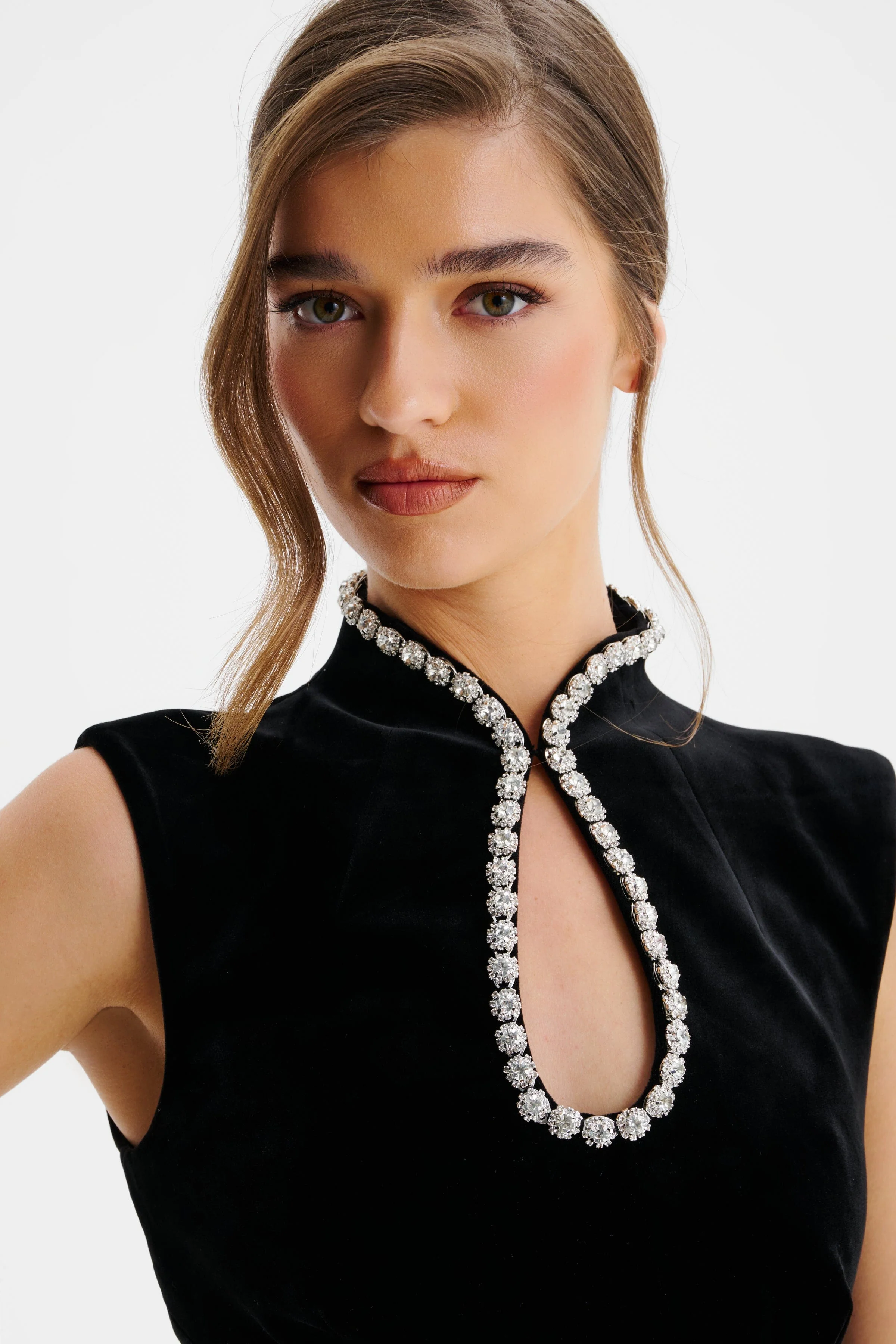 CELINA Diamante Embellished High Neck Mini Dress In Black - Image 4
