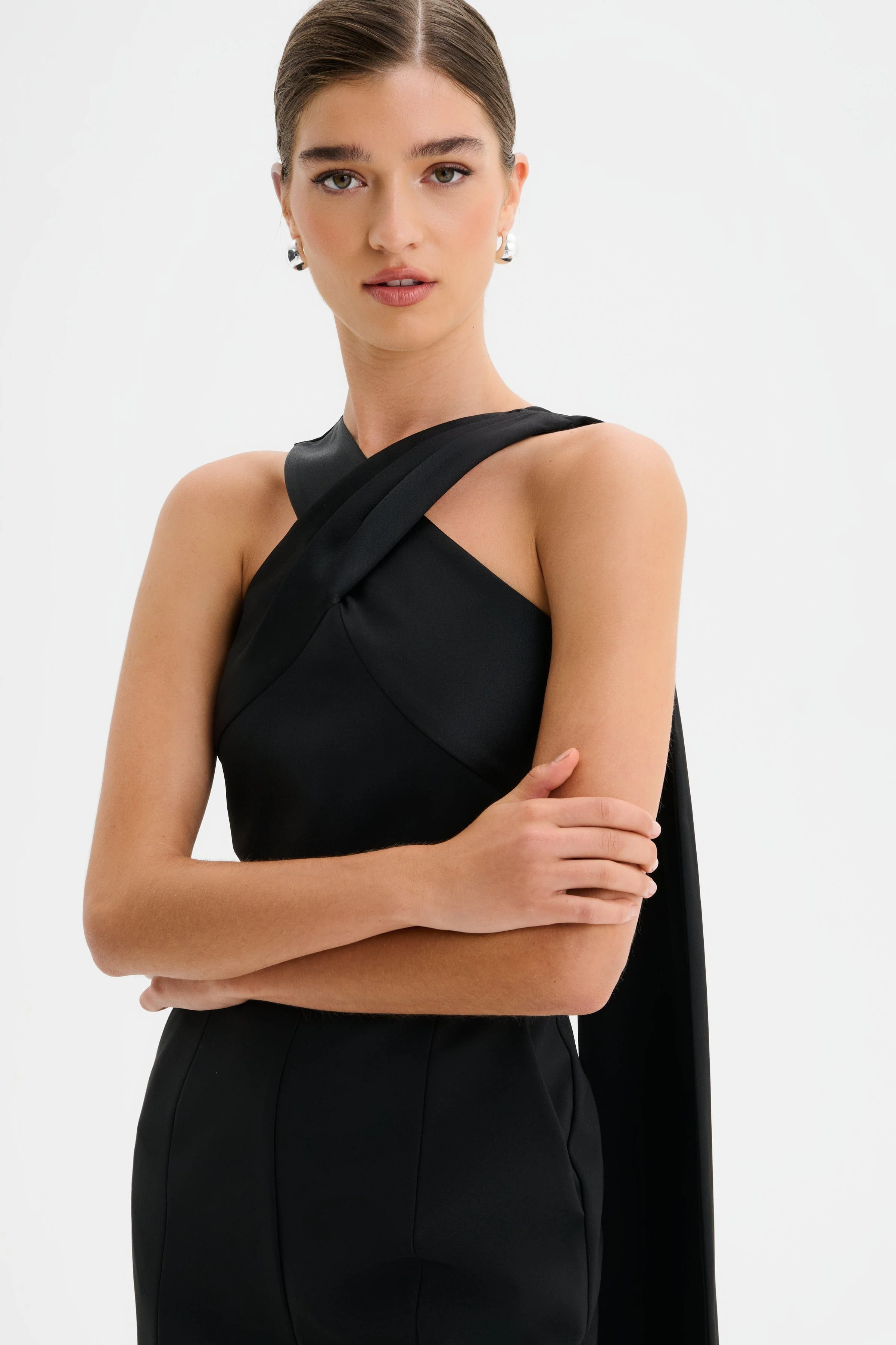 CHANTELLE Cross Neck Straight Leg Jumpsuit with Satin Drape in Black - Image 2