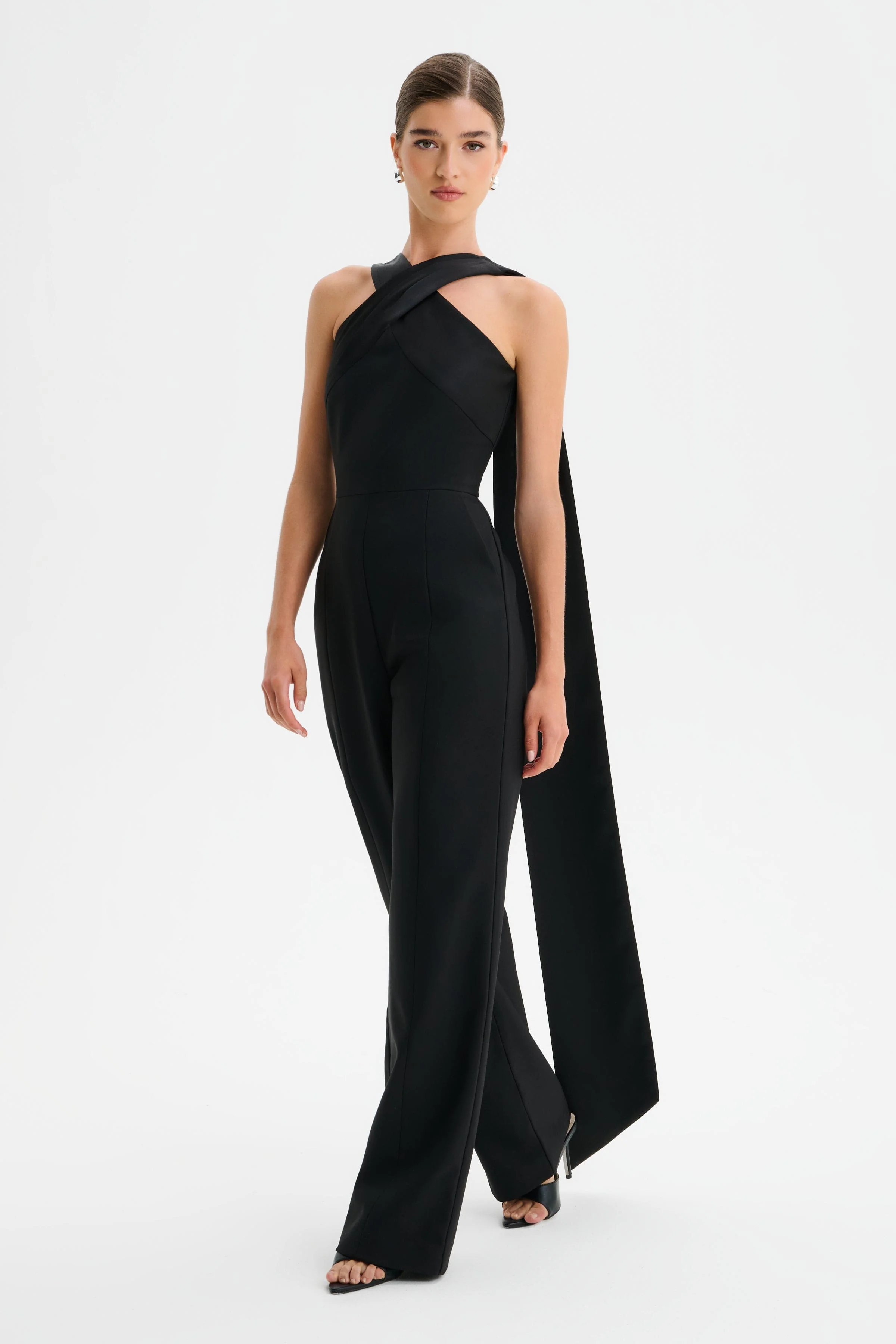CHANTELLE Cross Neck Straight Leg Jumpsuit with Satin Drape in Black - Image 3