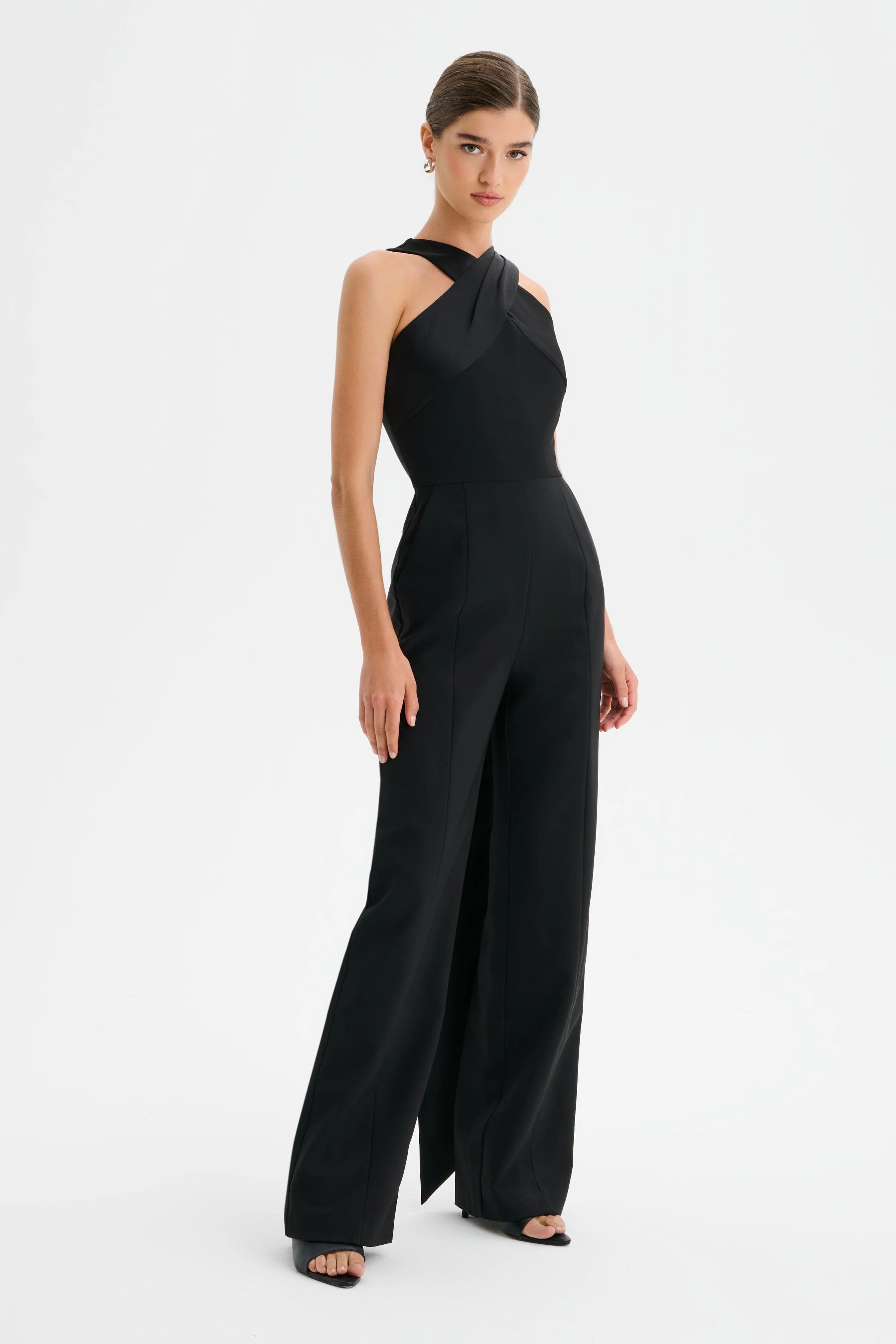 CHANTELLE Cross Neck Straight Leg Jumpsuit with Satin Drape in Black - Image 4