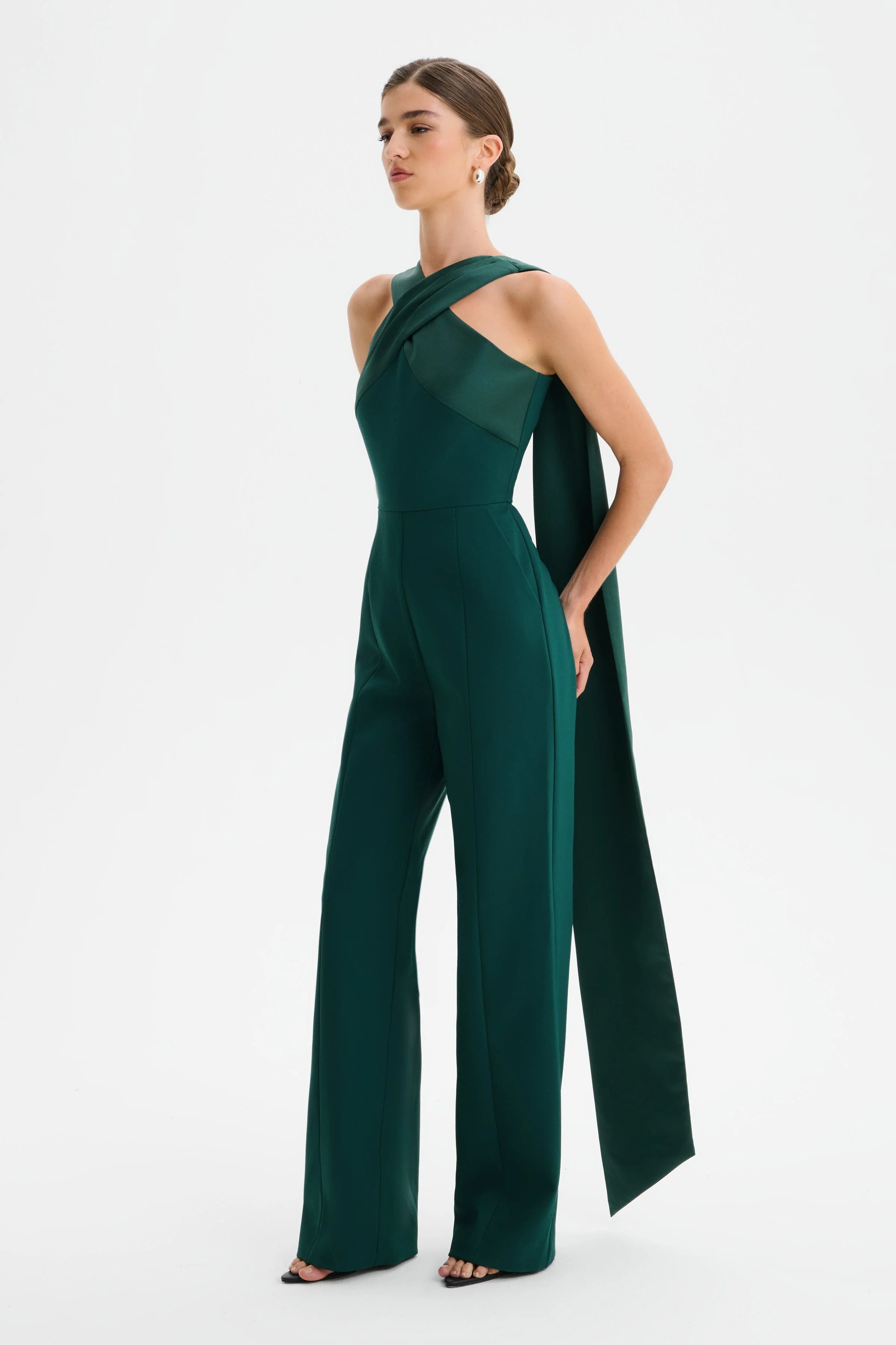 CHANTELLE Cross Neck Straight Leg Jumpsuit with Satin Drape in Emerald - Image 3